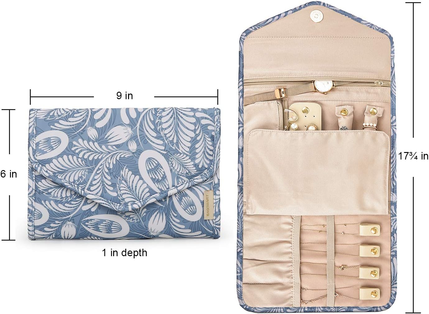 BAGSMART Travel Jewellery Organiser Roll Foldable Jewelry Case for Journey-Rings, Necklaces, Bracelets, Earrings, White Leaf