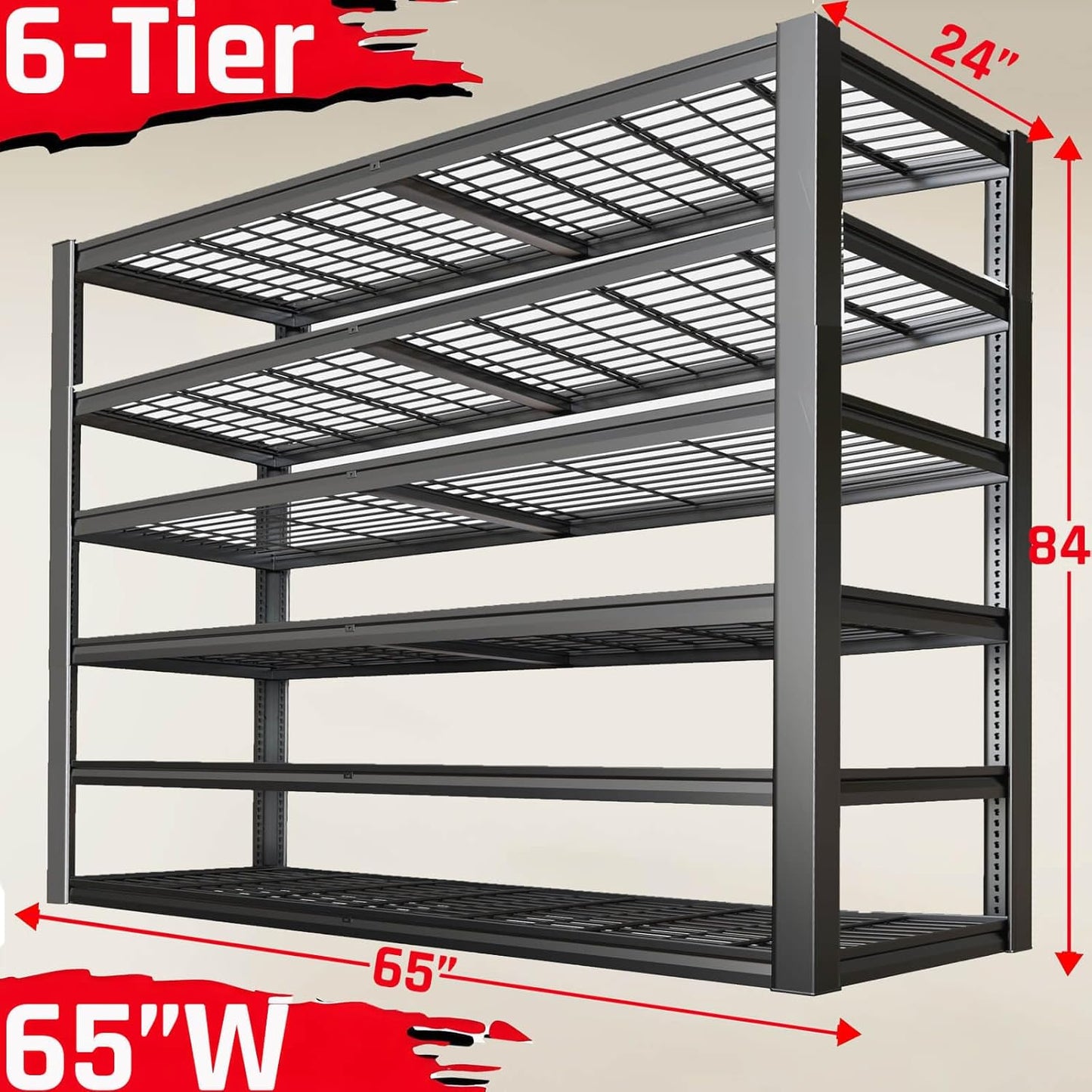 65" Wide Heavy Duty Garage Shelving Units, 6-Tier Deep Storage Shelves,Black Metal Garage Shelves,Steel Shelf,Large Storage Rack,Industrial Shelving for Shop, 65" W x 24" D x84 H