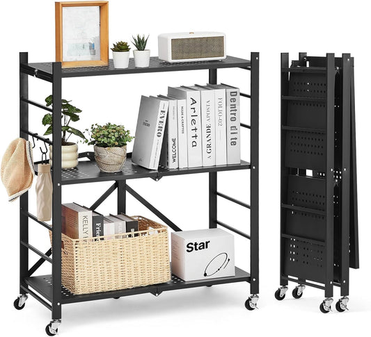 VEVOR 3-Tier Foldable Storage Shelf, 30W x 13D x 36H Inch Folding Metal Rack Shelving Unit, No Assembly Organizer Shelf with 5 Wheels & 4 Hooks for Pantry, Kitchen, Garage, Basement, Black
