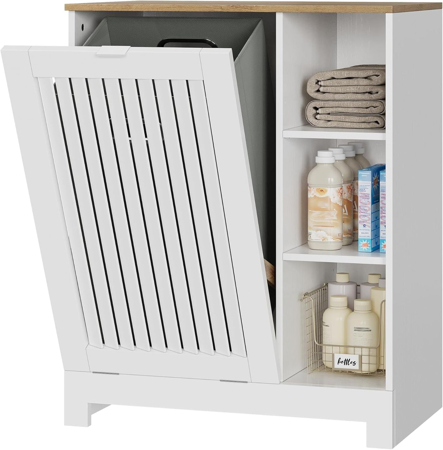 Tilt Out Laundry Hamper Cabinet with Louvered Door, Canvas Basket and 3 Open Side Shelves, Hidden Trash Can Cabinet, Ideal for Laundry, Kitchen, Bathroom, White