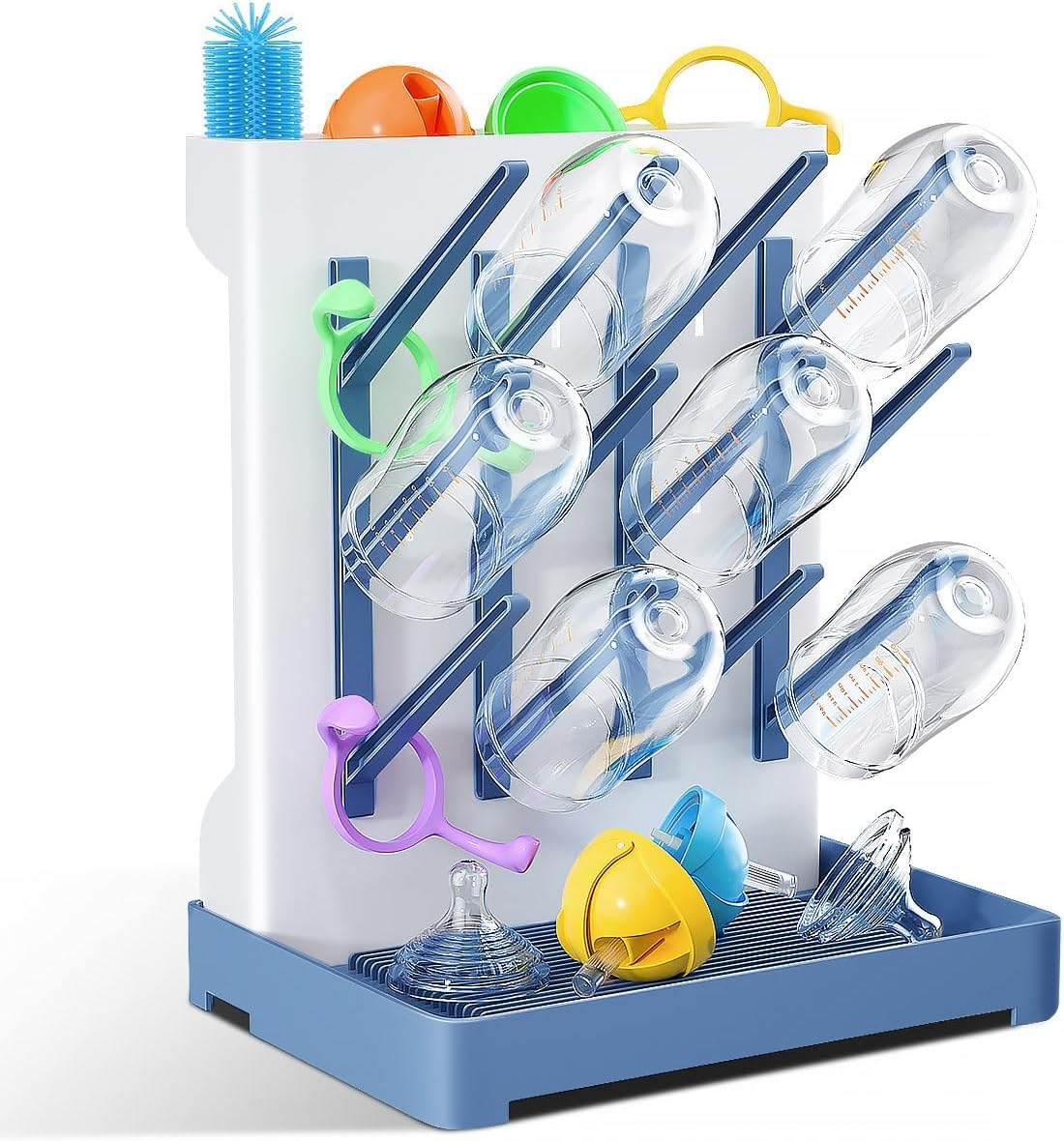 Baby Bottle Drying Rack: Vertical Space Saving Large Bottles Holder - Standing Boon Dryer Rack Baby Accessory - Countertop Holds Up to 12 Bottles & Pump Part Cleaning & Cup (Blue) (Blue)