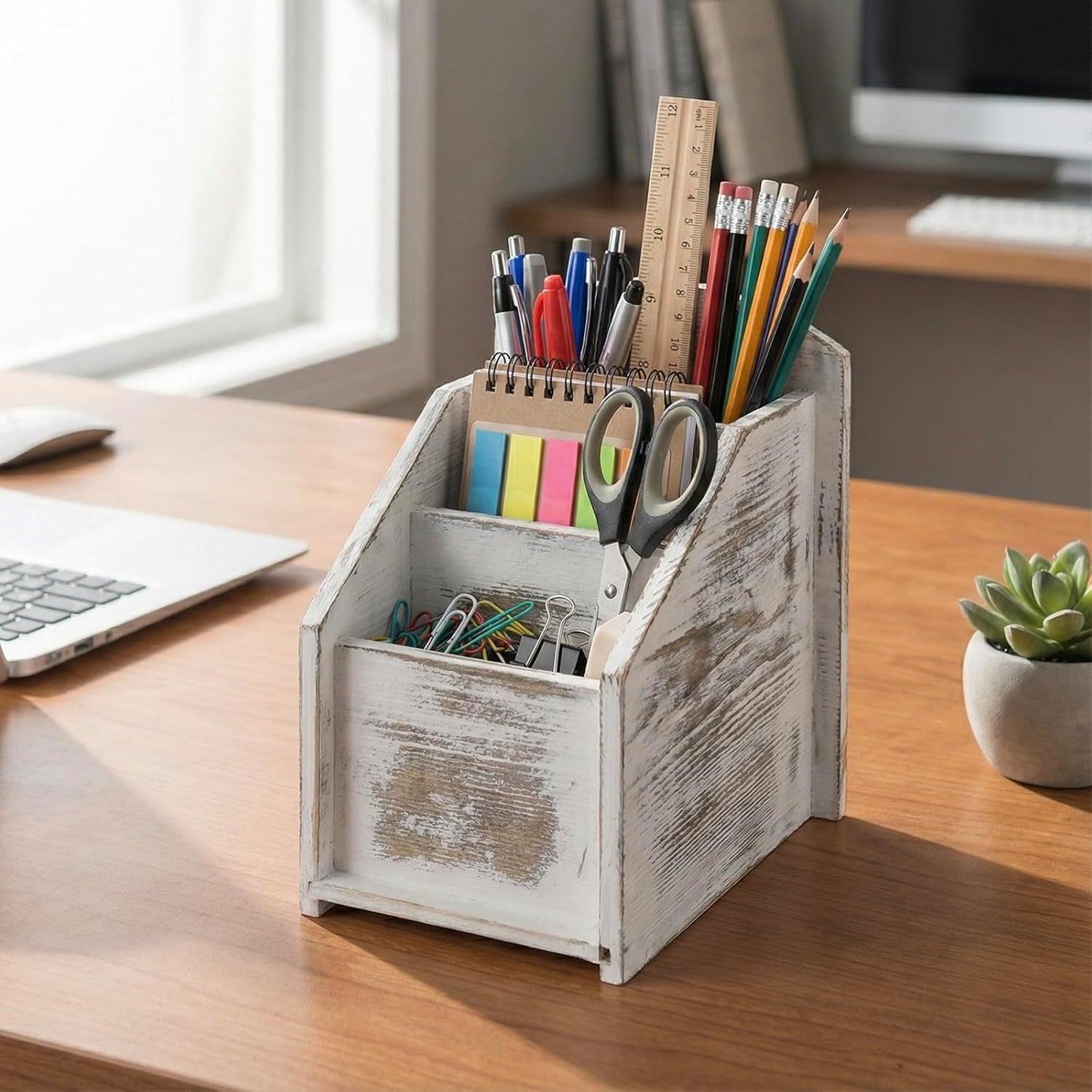 MyGift TV Remote Control Holder, Modern Farmhouse Decor, Whitewashed Wood Media Remote Caddy/Organizer/Storage Box with 3 Compartments, for Living Room, Coffee Table