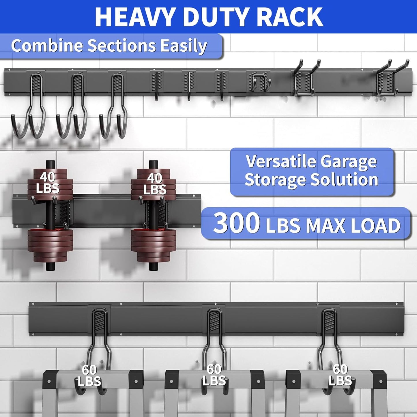 Shed Tool Organizer Wall Mount, 64inch Heavy Duty Garden Tool organizer Storage System, Easy Install With 10 Adjustable Hooks, For Garage, Basement, Shed, Workshop(Black)
