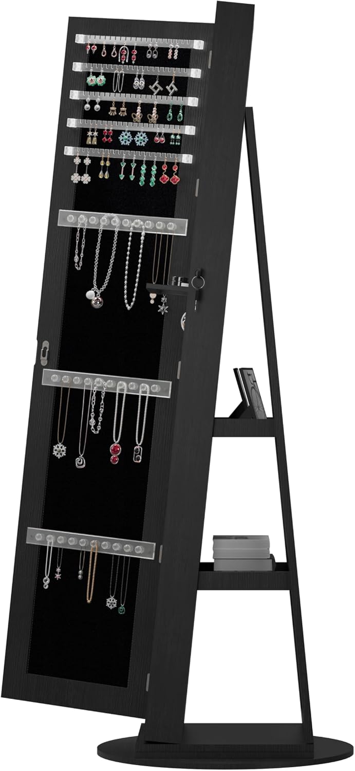 Montary 360° Rotating Jewelry Cabinet with Full-Length Mirror - Freestanding Jewelry Armoire with Lockable Storage, Built-In Lighted Mirror & Back Display Shelves, Black
