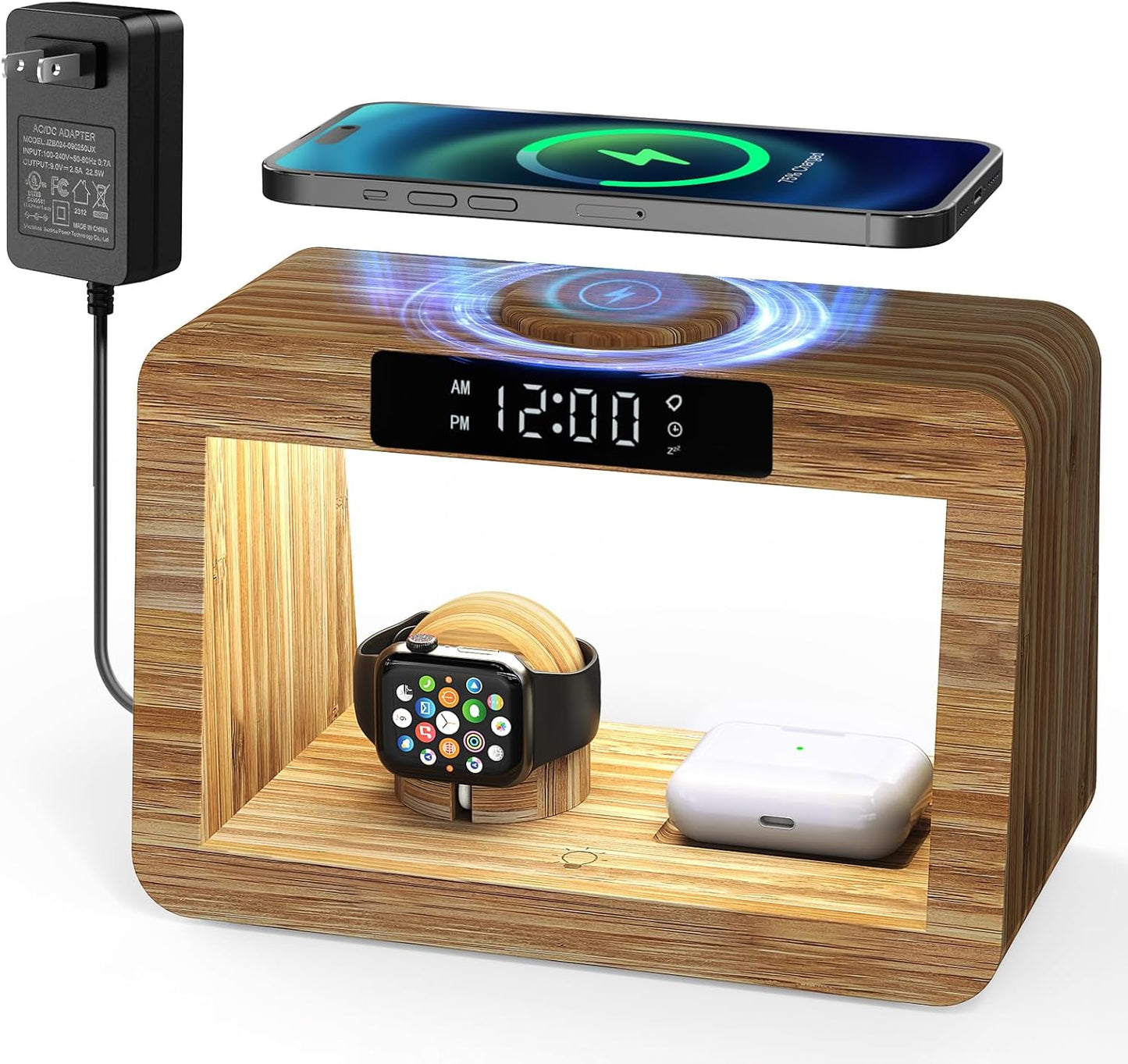 Bamboo Wireless Charging Station,Wireless Charger with Digital Alarm Clock and Night Light,Fast Charger Stand Compatible with iPhone17/16/15/14/13/12/11 Pro Max/X/Xs/AirPods Pro/iWatch Series