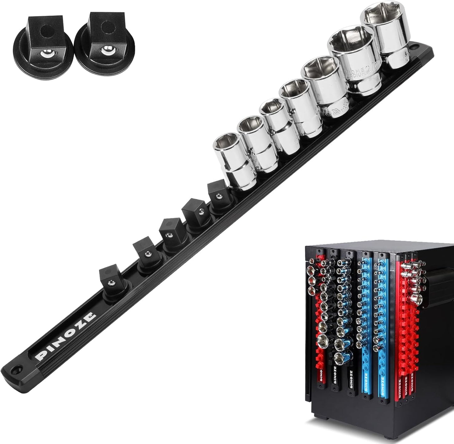 1/2" Magnetic Socket Holder Organizer - Aluminum Alloy Socket Rail Tray for Tool Box Drawer, Socket Rack with Extra 2Pcs Replacement Clips for Automotive Garage(Black)
