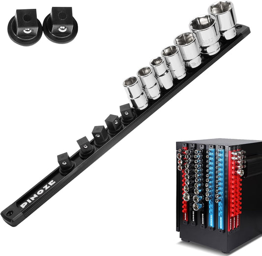 1/2" Magnetic Socket Holder Organizer - Aluminum Alloy Socket Rail Tray for Tool Box Drawer, Socket Rack with Extra 2Pcs Replacement Clips for Automotive Garage(Black)