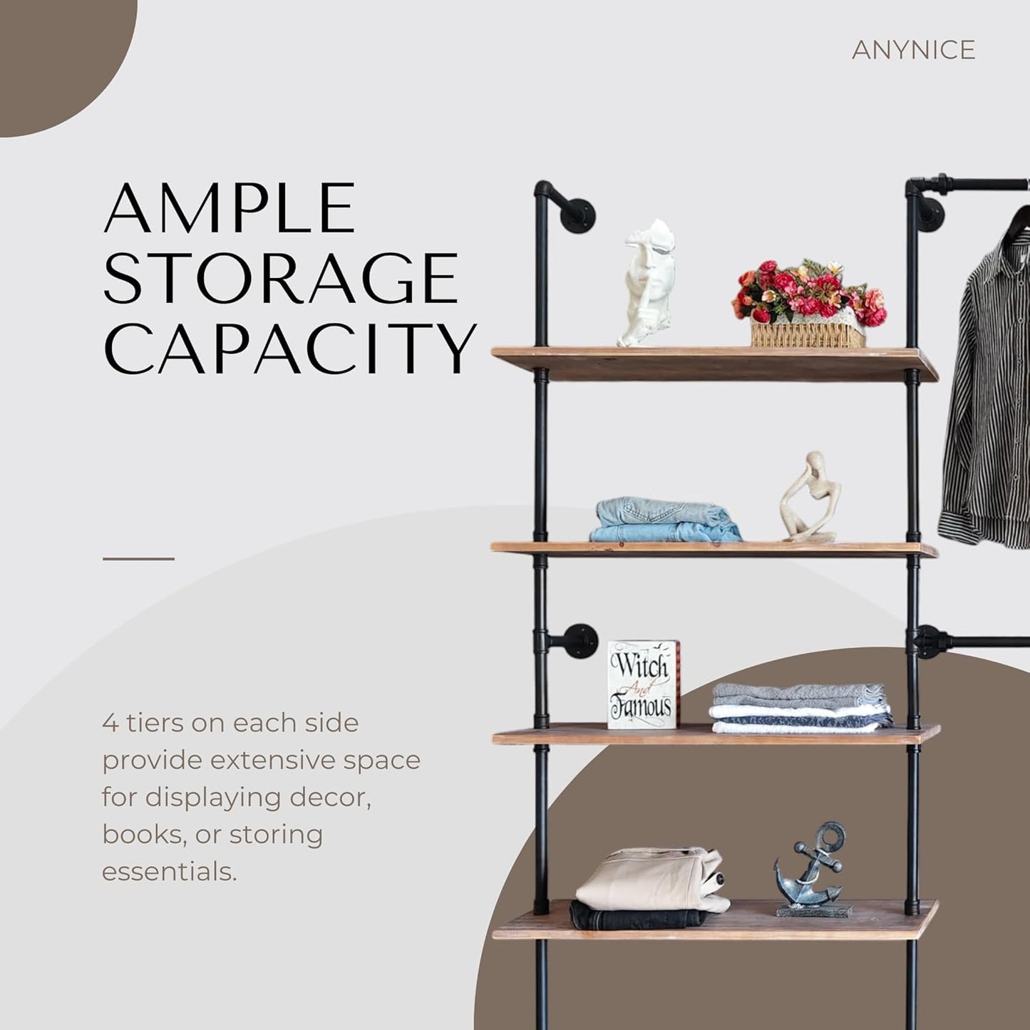 Industrial Pipe Clothing Rack, Wall Mounted Garment Hanging Rack with Shelves, 14.6x112.6x82.7 Inches, Model Y03