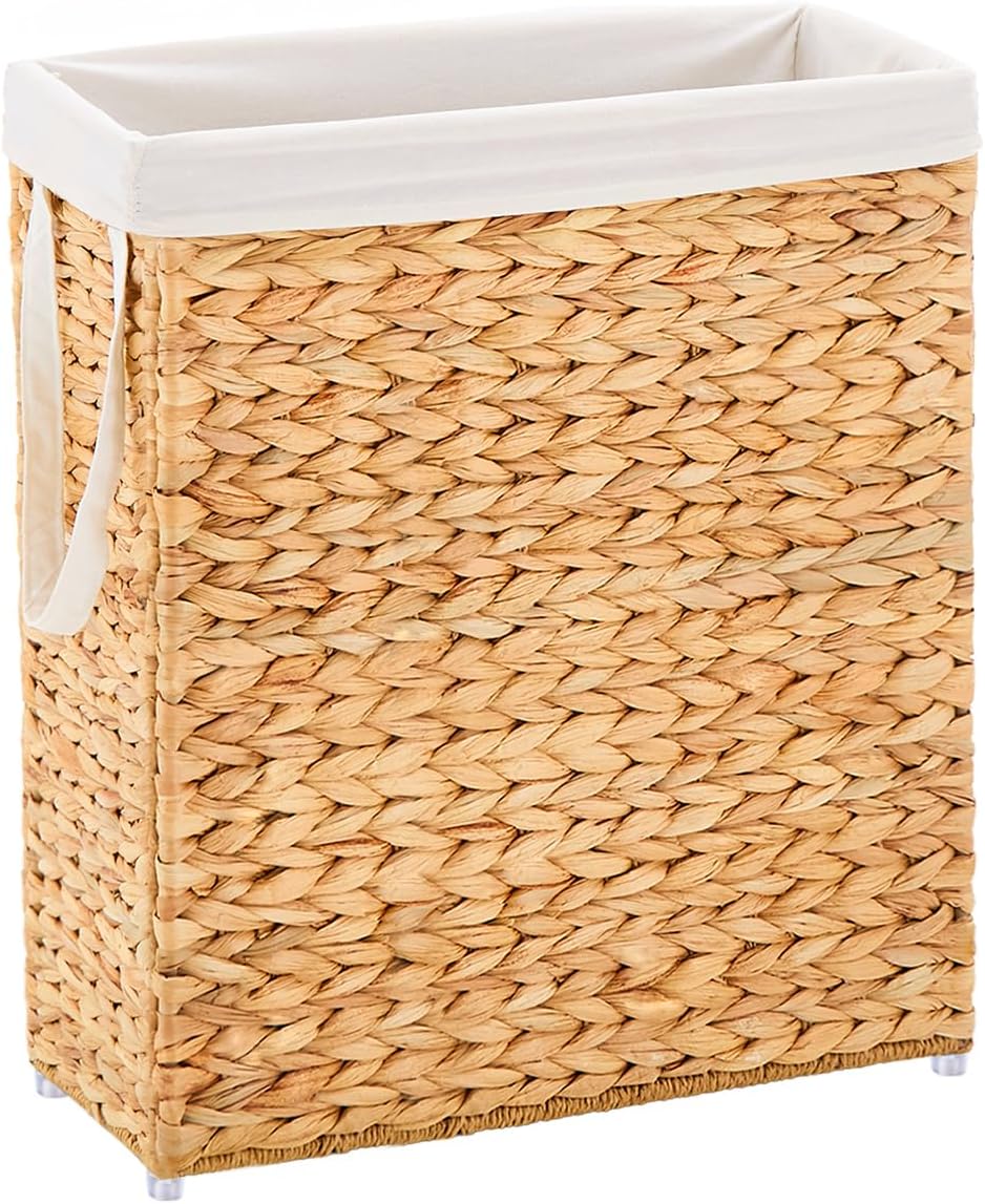 Handwoven Slim Laundry Hamper, 75L Narrow Laundry Basket, Natural Water Hyacinth Basket and Handles and Removable Liner Bag & 2 Mesh Bags (Natural, 75L)