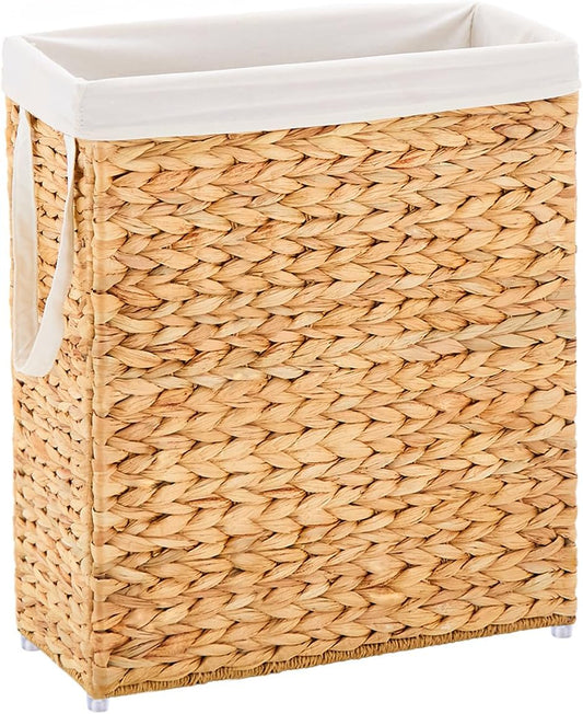 Handwoven Slim Laundry Hamper, 75L Narrow Laundry Basket, Natural Water Hyacinth Basket and Handles and Removable Liner Bag & 2 Mesh Bags (Natural, 75L)