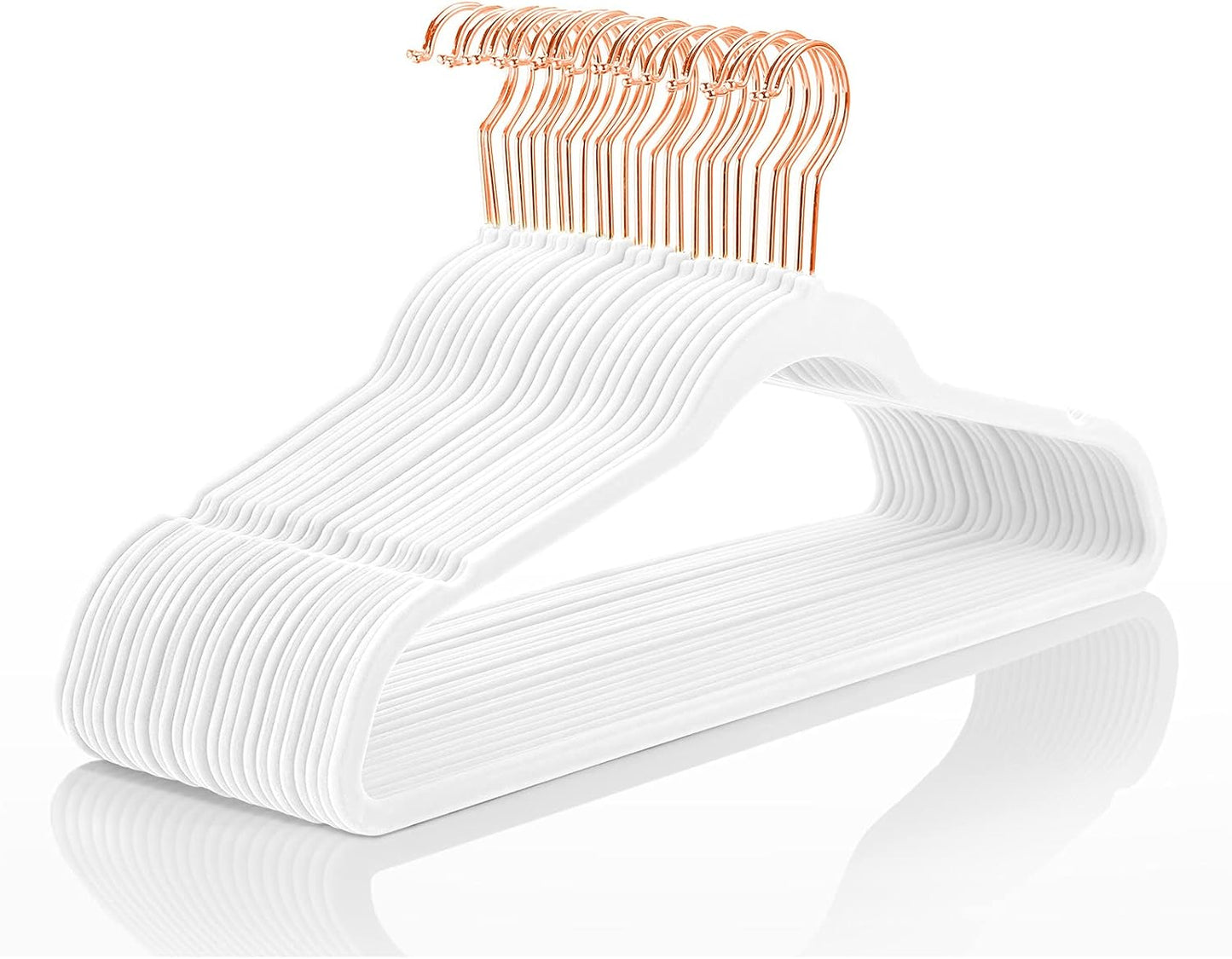 MIZGI Premium Velvet Hangers (50 Pack) Heavy Duty - Non Slip Felt Hangers - White - Rose Gold Swivel Hooks,Space Saving Clothes Hanger,Durable Strong Hanger for Suits,Coats,Dress
