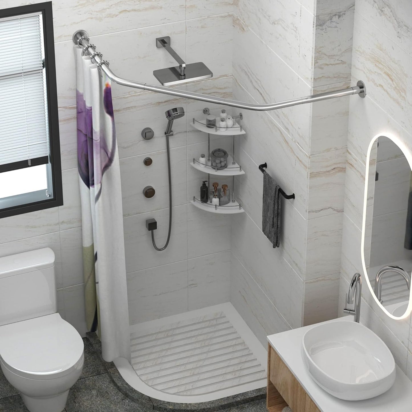 Corner Shower Curtain Rod Adjustable Stainless Steel Diamond Shaped Rack Drill Free Install for Bathroom, Bathtub, Clothing Store (Diamond Shaped, Both Sides: 17"-25.6",Middle:20"-26)