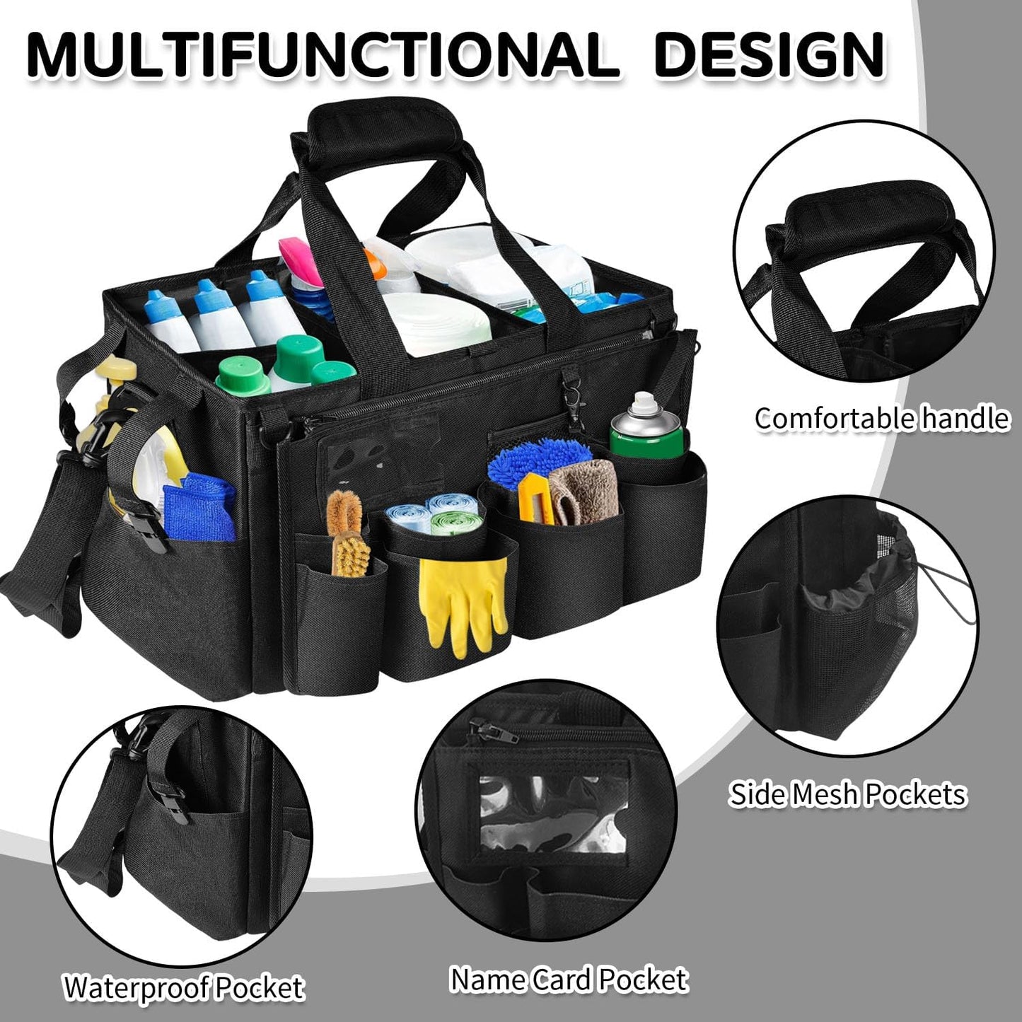 Boczif Cleaning Caddy Bag Wearable, Cleaning Caddy Supplies Organizer with Handle, Shoulder Straps & Detachable Divide, Cleaning Tool Organizers Tote Bag for Cleaners & Housekeepers（Black）