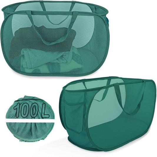 100L Foldable Laundry Baskets 2 Pack, Extra Large Mesh Pop Up Laundry Hamper, Dirty Clothes Hamper with Handles, Pop-up Hampers for Laundry Travel. Dorm or Home Portable Clothes Baskets.Green 2H