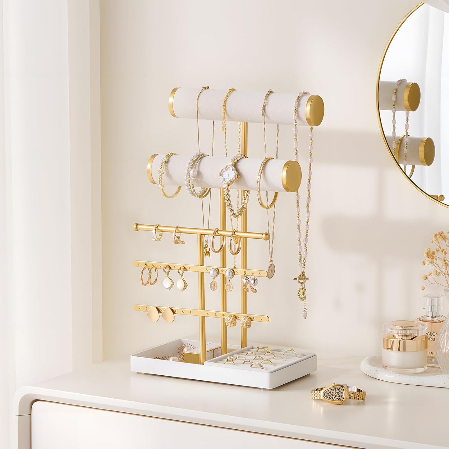 Lolalet Bracelet Display Stand Necklaces Holder, 5 Tiers Jewelry Organizer and Storage Rack with Velvet Slot and Metal Base, for Women Bangles Watches Ring Earrings -White