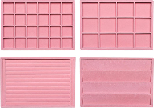 Frebeauty Stackable Velvet Jewelry Organizer Trays for Drawers Inserts Jewelry Storage Tray Display Case, Stud Earrings Bracelets Necklace Rings Accessories Trays for Women(Set of 4)(Pink)