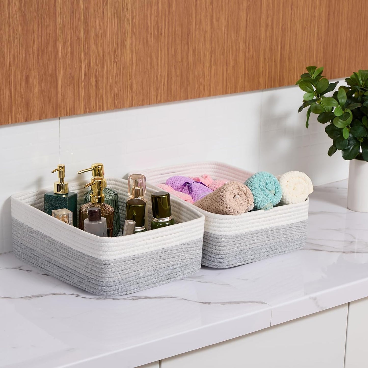 Large Shallow Organizing Baskets 15x11x5.1 Inches - Rope Woven Storage Bins for Bathroom, Shelves, Cube Closet, Gradient Grey 4 Packs