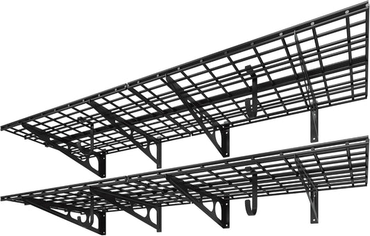 FLEXIMOUNTS 2-Pack 2x6ft Garage Shelving with Hooks 24-inch-by-72-inch Wall Shelf Garage Storage Racks Floating Shelves, Black, Classic Series