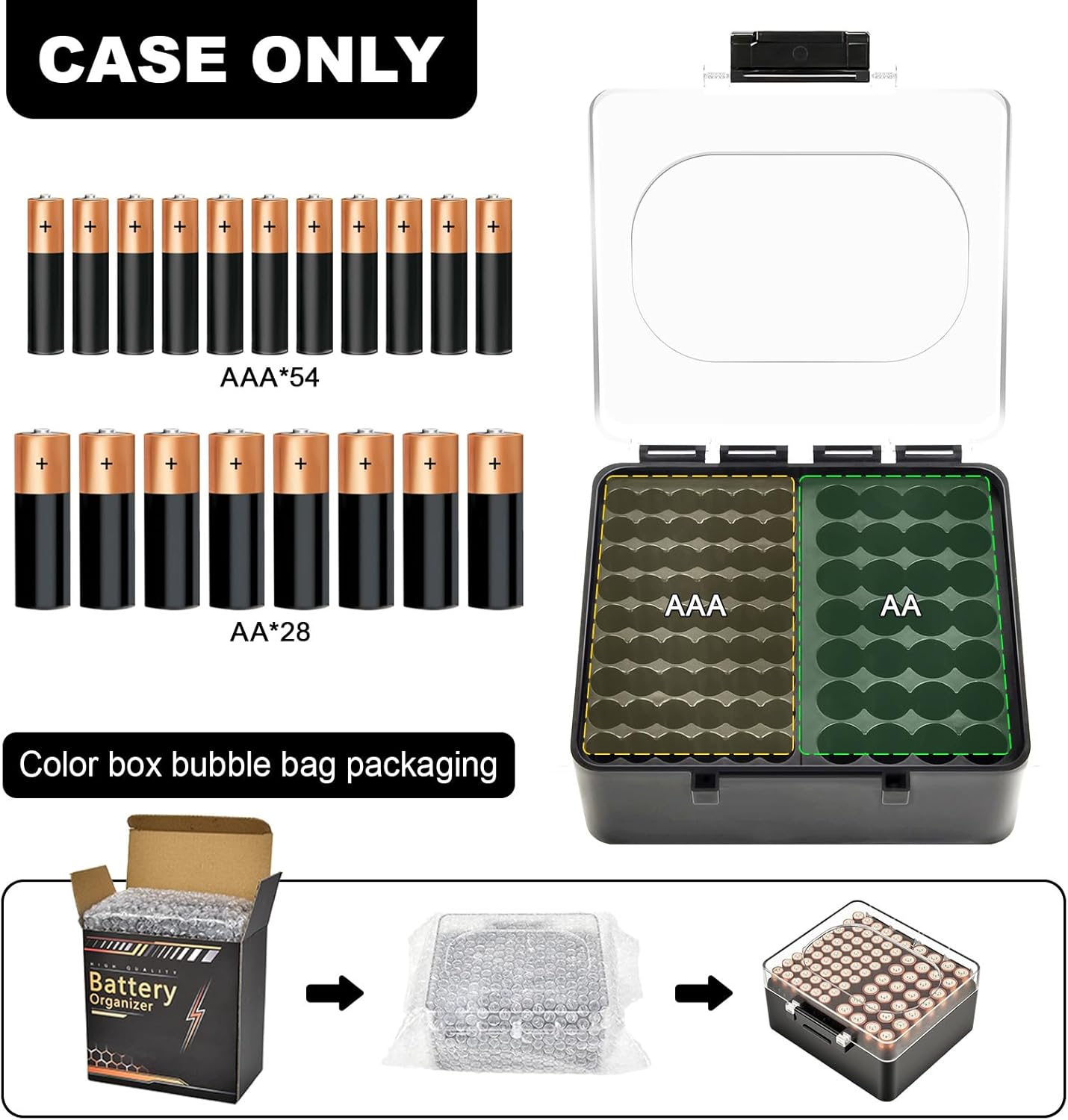 FULLCASE Battery Storage Organizer Box, Holder Container for 82 AA AAA Batteries, Plastic Home Batteries Variety Pack Protective Organization(Case Only) Black