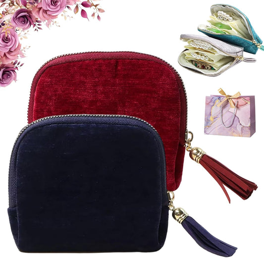 Travel Jewelry Case, Portable Jewelry Storage Bag, Compact Foldable Five Compartments Organizer Pouch with Zipper & Tassel for Earring Necklace Ring Bracelet (2pcs-A)