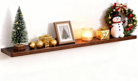 48" Rustic Walnut Wood Floating Shelves, 8 Inch Deep Wall Shelves for Home Decor, Wall Mounted Floating Shelf with Invisible Bracket, Heavy-Duty Storagefor Living Room, Bedroom, Kitchen, Set of 1