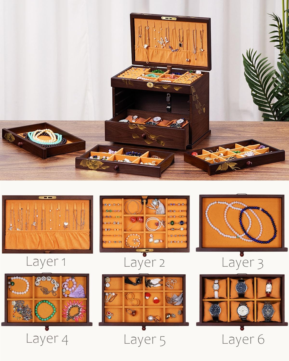 Hand-drawn rose Jewelry Box Wood for Wowen,6-Layer Wooden Jewelry Organizer Boxes with 4 Drawers dresser, Vintage Multi-functional Jewelry Storage Case with lock