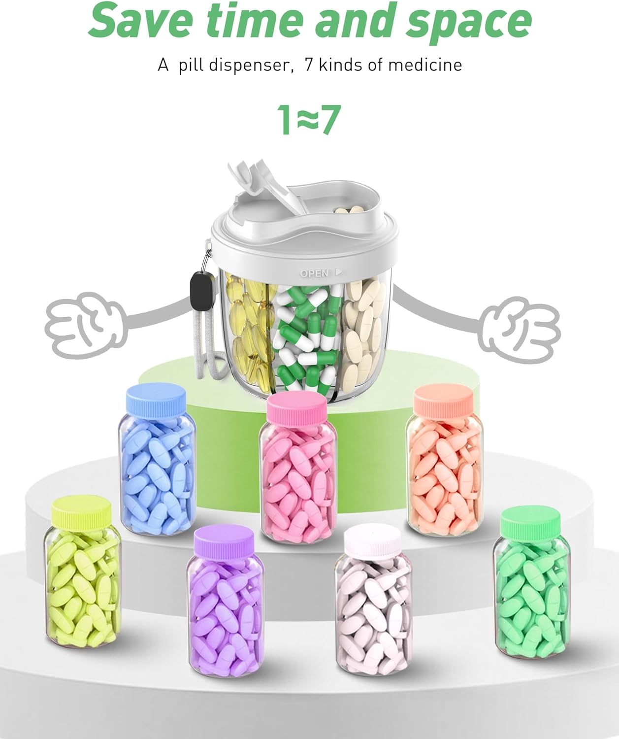 Pill Organizer,Pill Dispenser with 7 Large Compartments,Portable Pill Box for Travel, Anti-Mix Design & Wide Opening Design, Easy Access to Vitamin Dispenser, Includes 20 Blank Stickers（Grey）