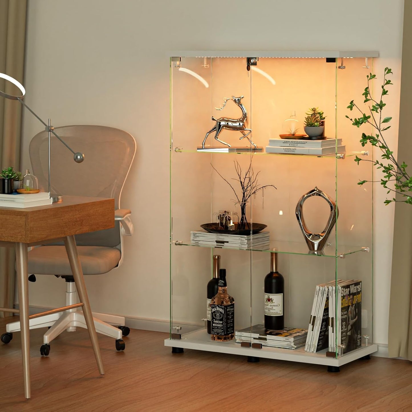 VINGLI Glass Display Cabinet with 3 Shelves, Double Doors and Lock, Floor Standing Curio Cabinets with LED Light, Upgraded Tempered Glass Bookshelf, for Living Room Living Room Bedroom Office, White