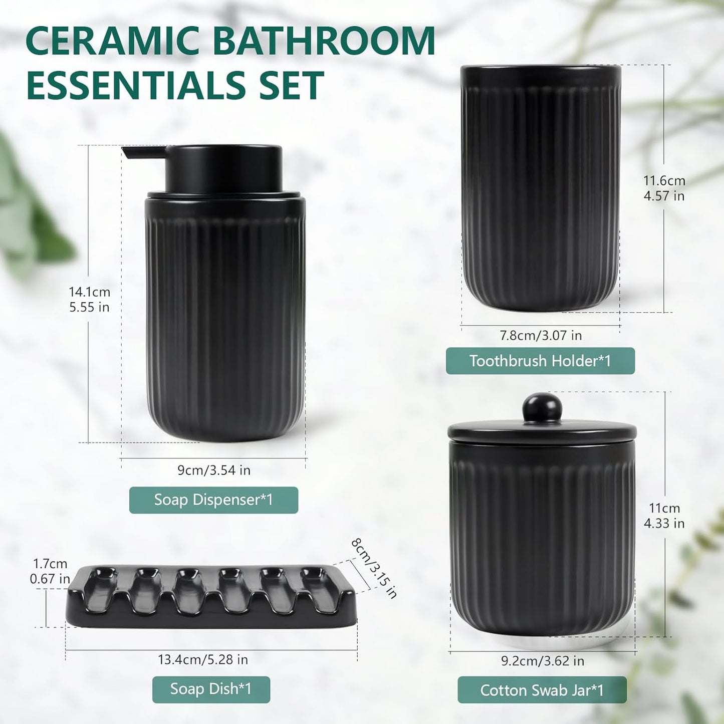 BosilunLife Ceramic Bathroom Accessories Set - Bathroom Counter Soap Set Black Bathroom Decor Sets Accessories Bathroom Lotion Soap Dispenser and Toothbrush Holder Set, Soap Dish, Apothecary Jars
