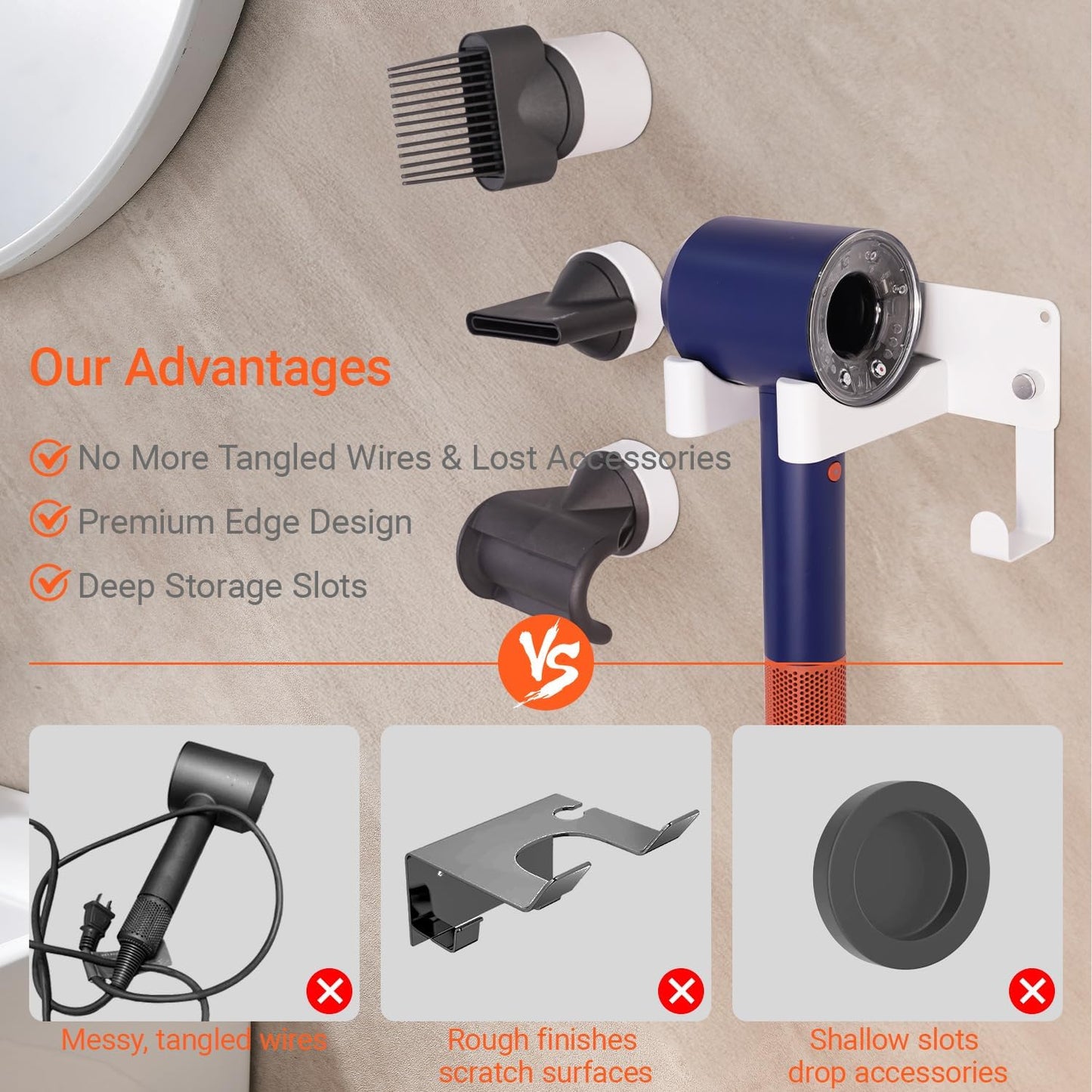Hair Dryer Holder, Hair Dryer Holder Wall Mounted Self Adhesive Hairdryer Holder forDyson Aluminum Blow Dryer Holder Wall Mounted Black Hairdryer Hanger for Bathroom White CHOCHOYAH