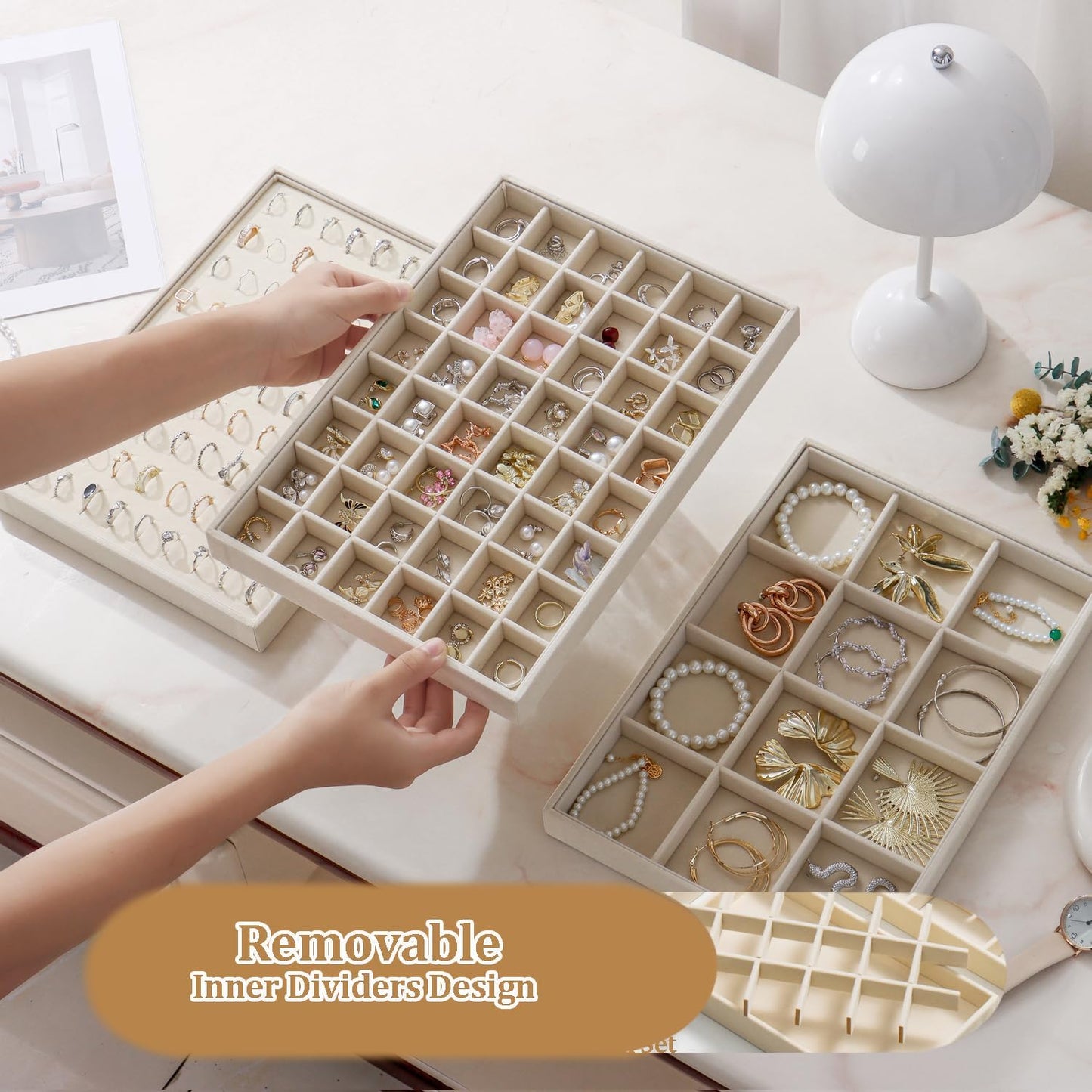 Large Jewelry Organizer for Drawer Insert Velvet Stackable Jewelry Trays for Earring Necklace Bracelet Ring Display (Beige, 48 Grids)
