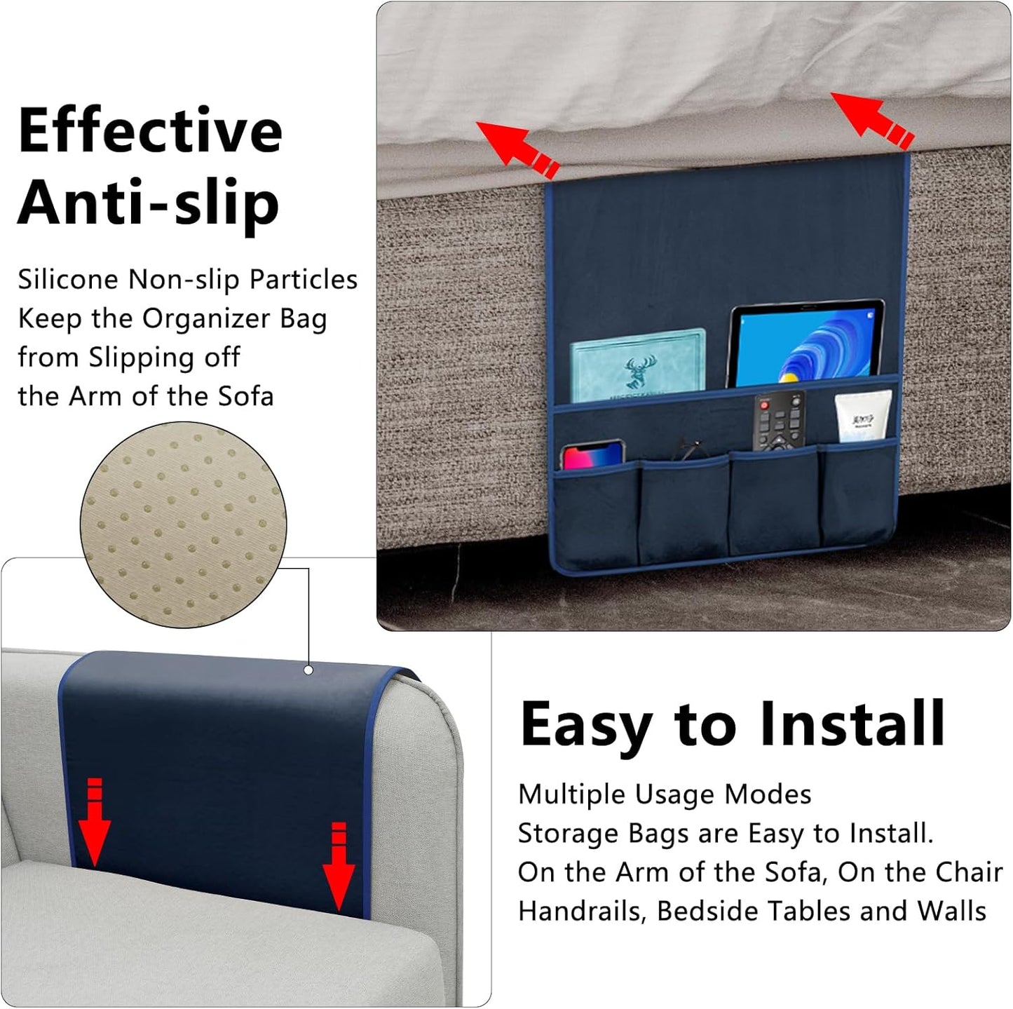 TV Remote Control Holder Couch Caddy, Non-slip Bedside Caddy Organizer with 5 Pockets for Key Glasses Phone Magazine Holders