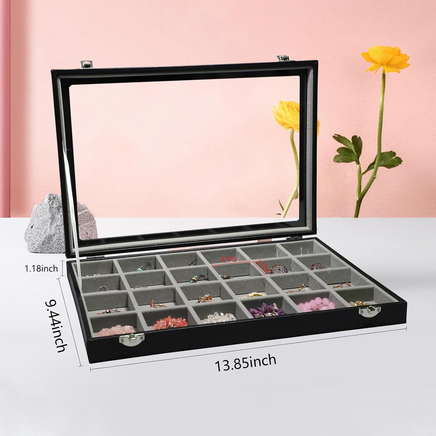 Stratalife Earring Organizer Velvet Jewelry Organizer Box 24 Grid Earring Tray Jewelry Display Jewelry Storage Jewelry Trays For Drawers Jewelry Display Case With Clasp (Gray Black)