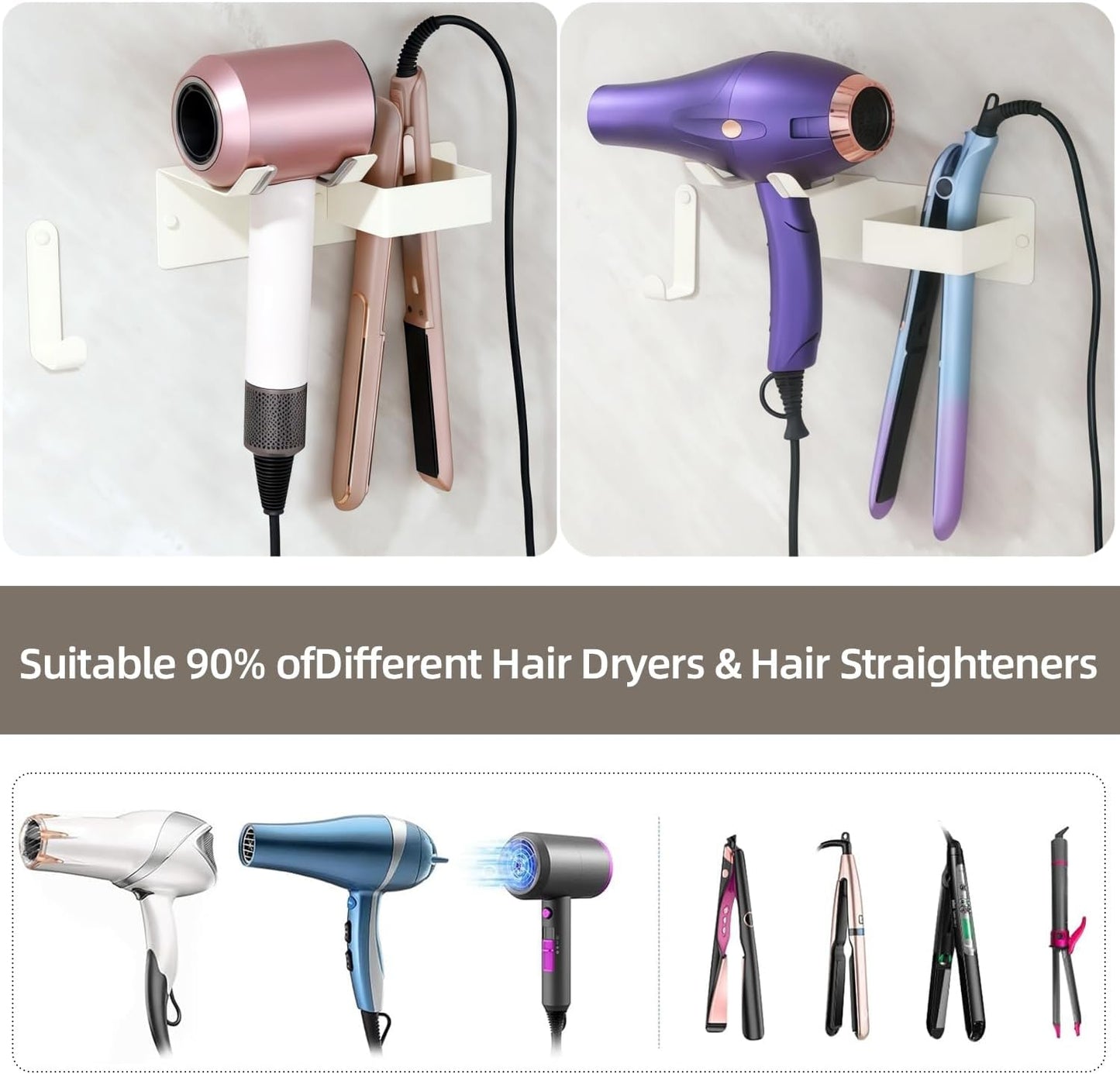 Hair Dryer and Straightener Holder, Upgraded Hair Straightener Holder with Cable Hook, Stainless Steel Universal Hairdryer Holder Wall Mounted Waterproof for Bathroom Space-Saving White PTALSEAW