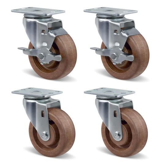 4" Hi-Temp Glass FiIled Nylon Casters, Heavy Duty Casters Set of 4, Industrial Caster Wheels for Commercial Kitchen, Bakery - 2400 lbs Capacity(2 Swivel & 2 Brake)