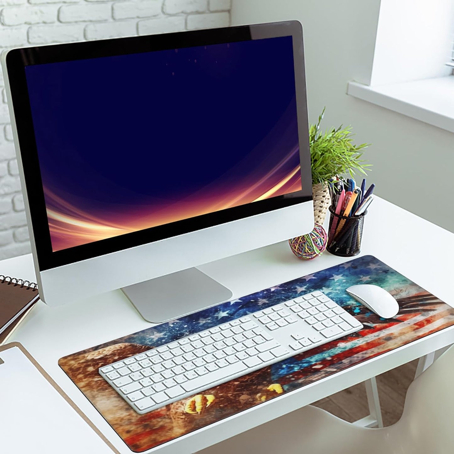 Gaming Mouse Mat Watercolor Bald Eagle Over American Flag Large Mouse Pad Extended Mouse Pad Desk Mat Non-Slip Rubber Base Mice Pad Desk Pad for Office Game Home 35.4x15.75 in