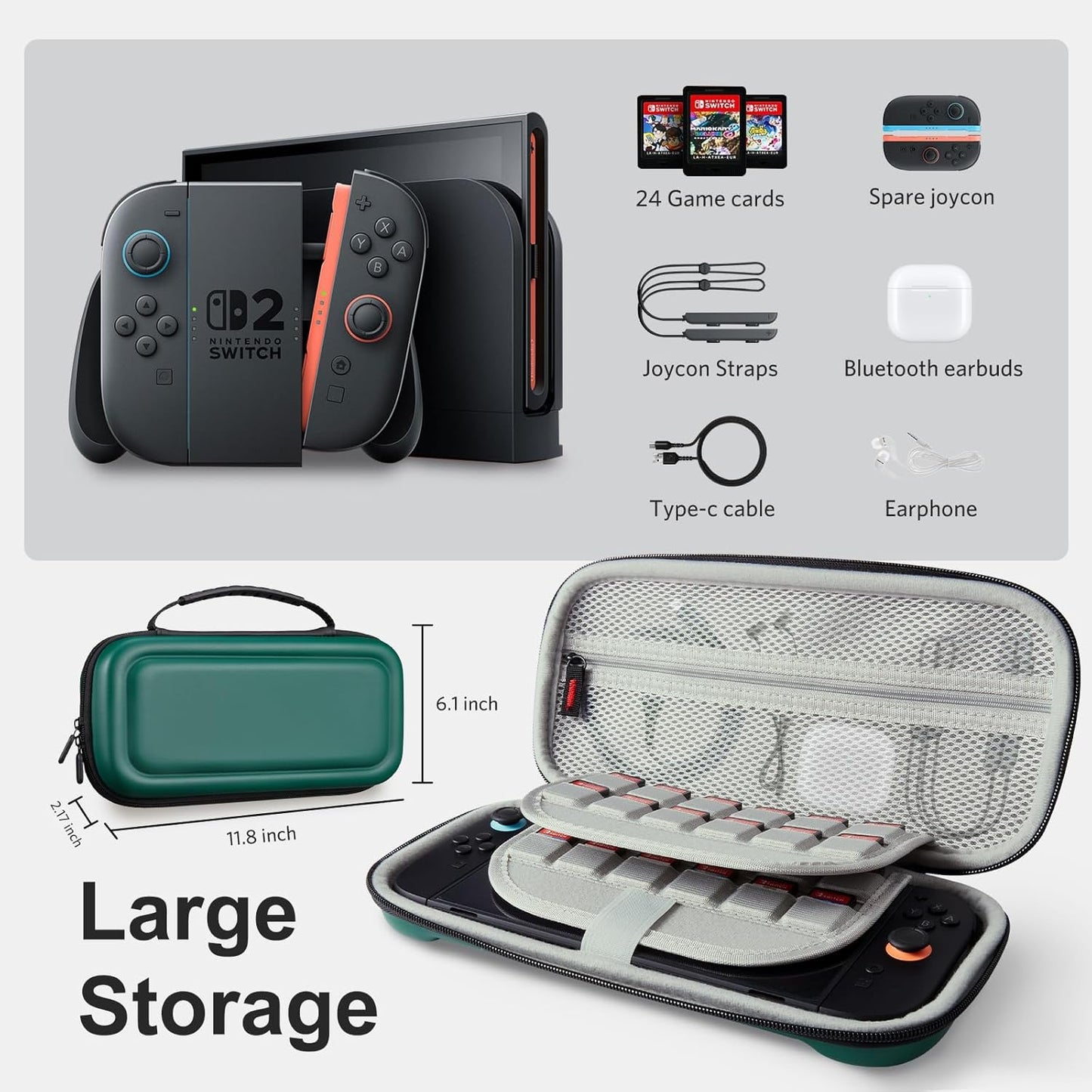 CoBak Large Capacity Carrying Case for Nintendo Switch 2 (2025) - 3 in 1 Accessories Bundle with 2 Screen Protectors, Thumb Grip Caps, 24 Game Cartridges, Hard Shell Portable Travel Pouch, Dark Green