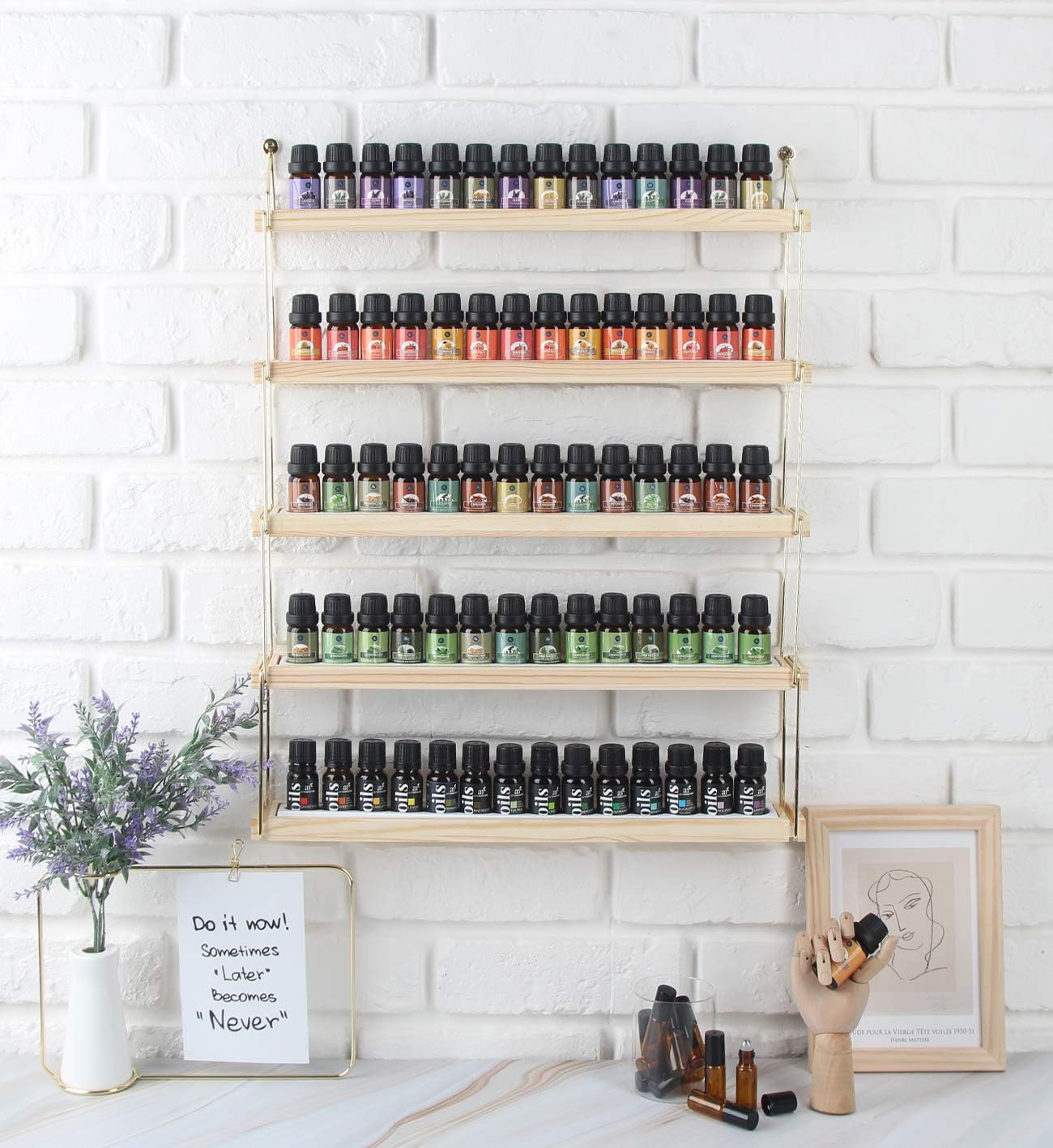 J JACKCUBE DESIGN Wall Mount Essential Oils Display Shelf with 5 Tier for 70 Bottles Holder Gold Frame and Wood Rack Organizer - MK482B