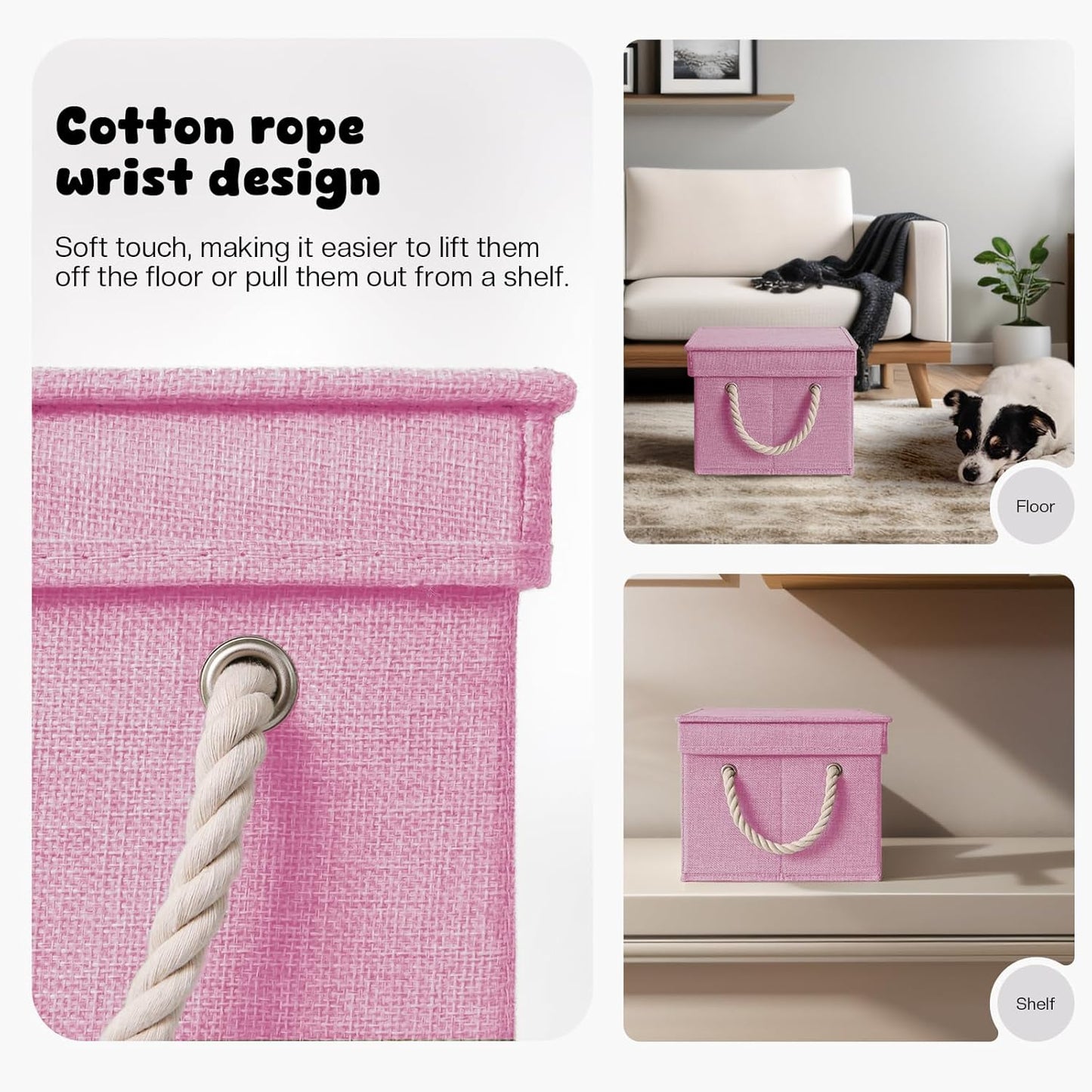 Dog Toy Basket with Lid, Dog Basket for Toys, Dogs Toy Box with Cotton Rope Handles, Collapsible Storage Bins for Pet Toys, Dogs Storage Organizer, Pink