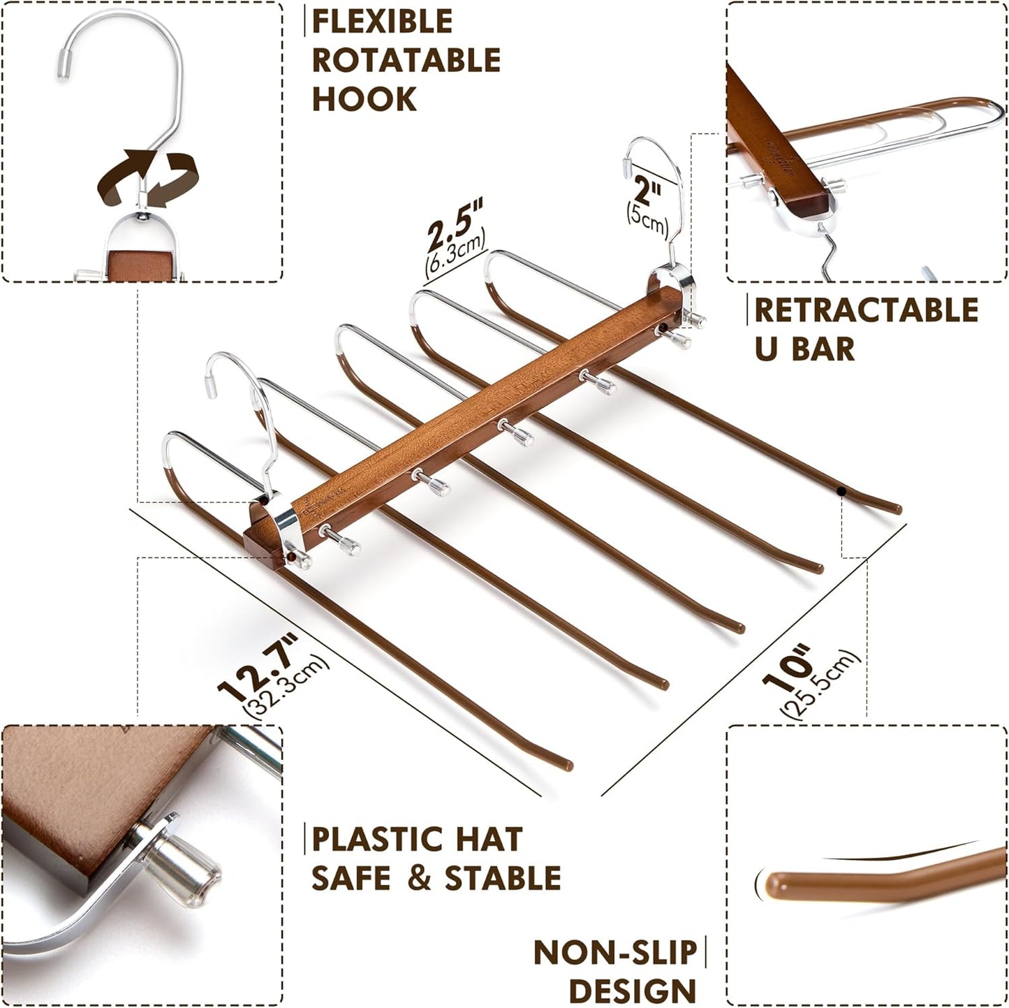 HOUSE DAY Pants Hangers Space Saving, Wood Jean Hangers for Closet, Non Slip Multi functional Pants Rack Hanger Multiuse Pant Organizer For Closet Space Saving Hangers for Pants, Scarfs (2PACK,Walnut)