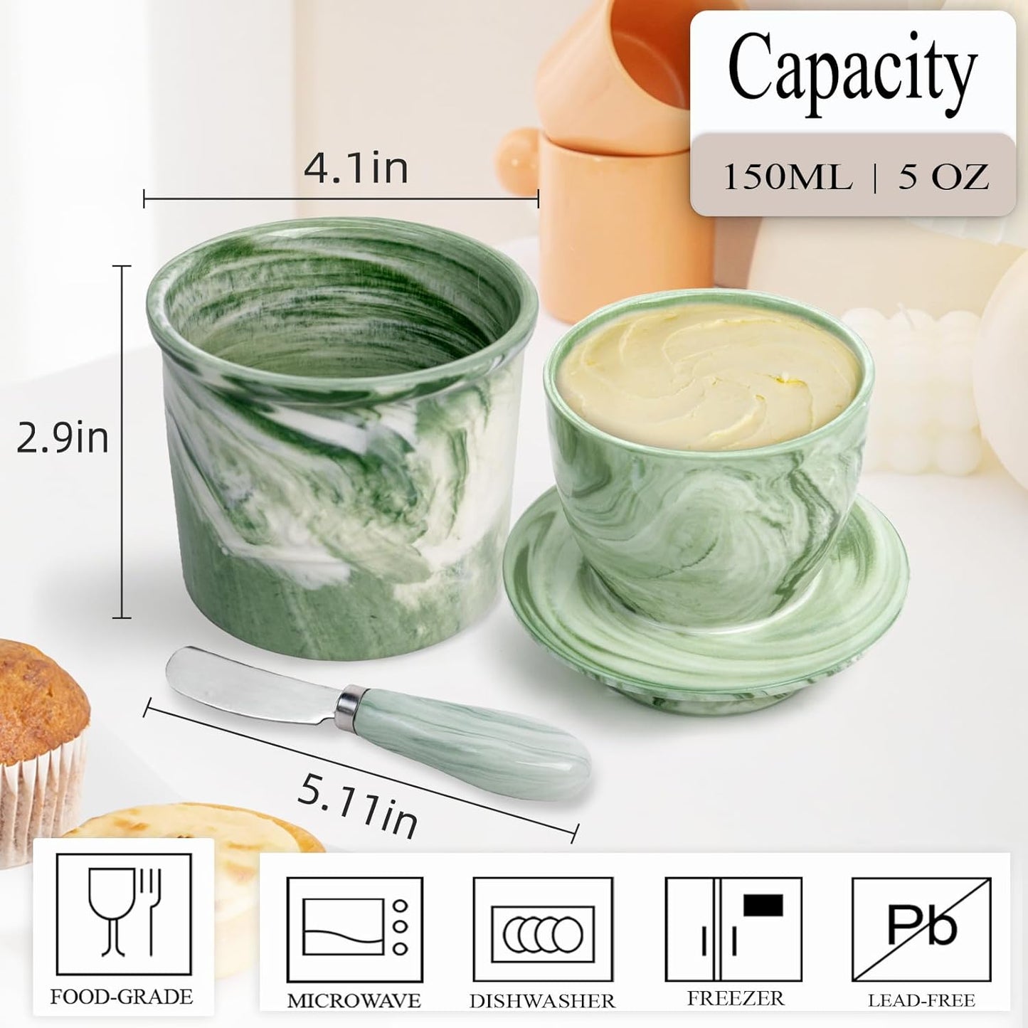 Ceramic Butter Crock with Lid & Spreader Knife, Butter Keeper - Ideal Butter Storage & Countertop Butter Dish (Marble Green with Marble Green Knife, M)