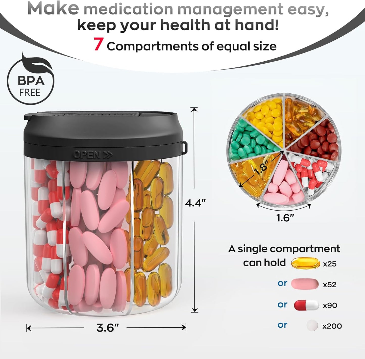 Pill Bottle Organizer with 7 Large Compartments, Pill Dispenser for Travel, Supplement Organizer with Anti-Mixing Design, BPA-Free Pill Container with 20 Pcs Labels, Black