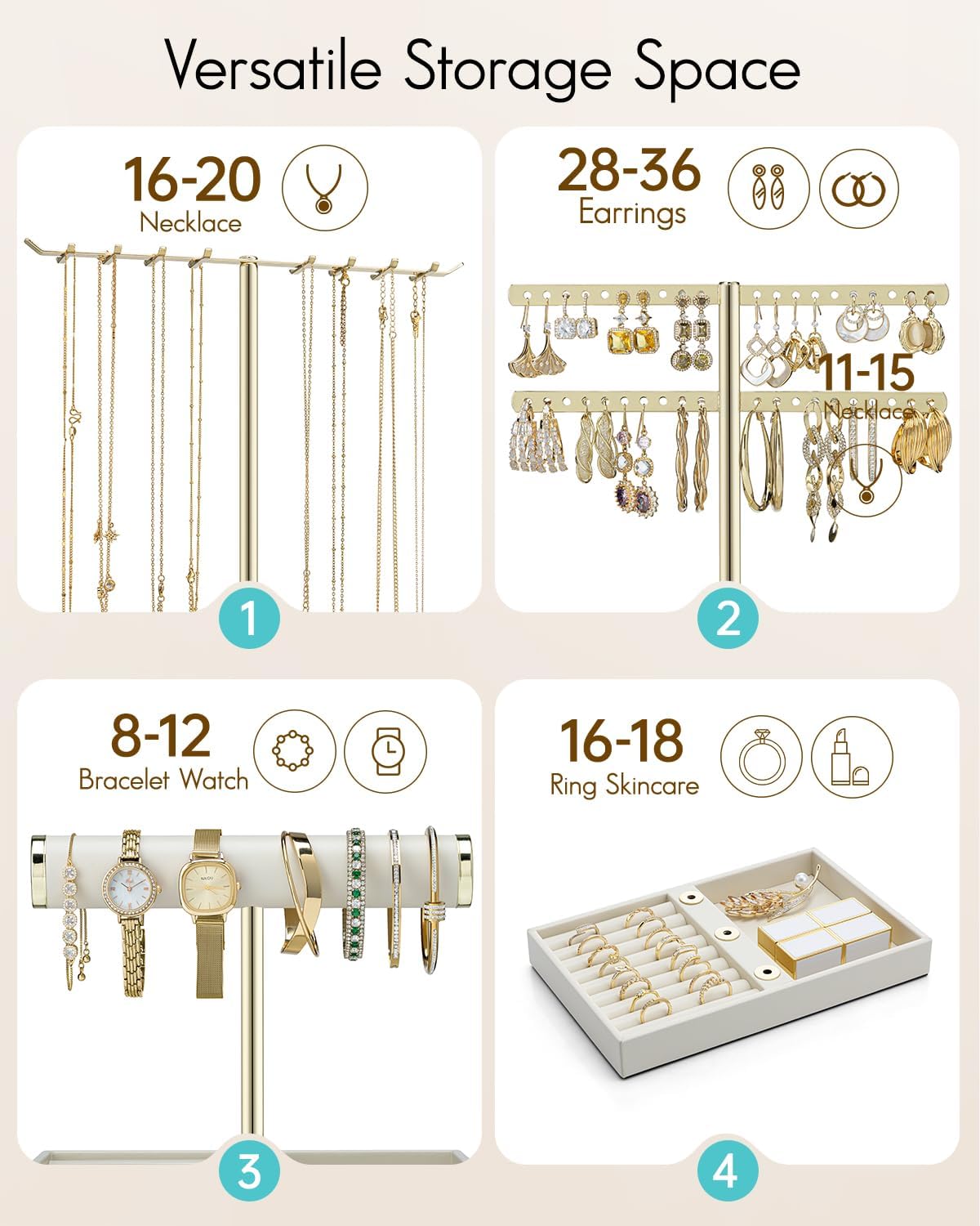 Vlando 3 Tier Jewelry Stand Organizer with Tary, Leather Jewelry Holder Display for Women, Gold Jewlery Holder Display for Necklace, Earring, Bracelet, Rings - Cloud White