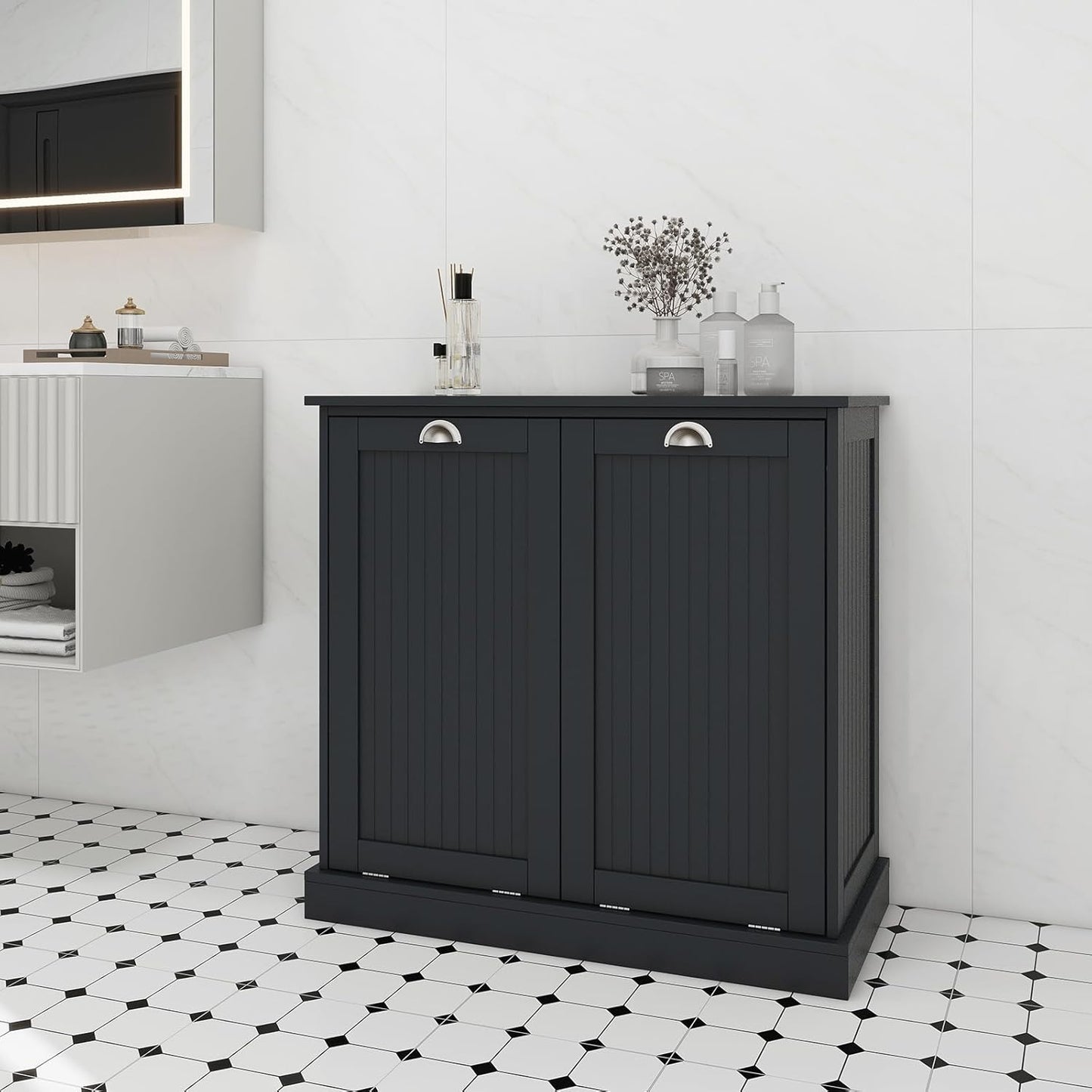 Tilt Out Laundry Hamper Cabinet with Removable Basket, Double Hidden Laundry Hamper Cabinet, Wood Bathroom Storage Cabinet, Free Standing Home Organizer, (Black)