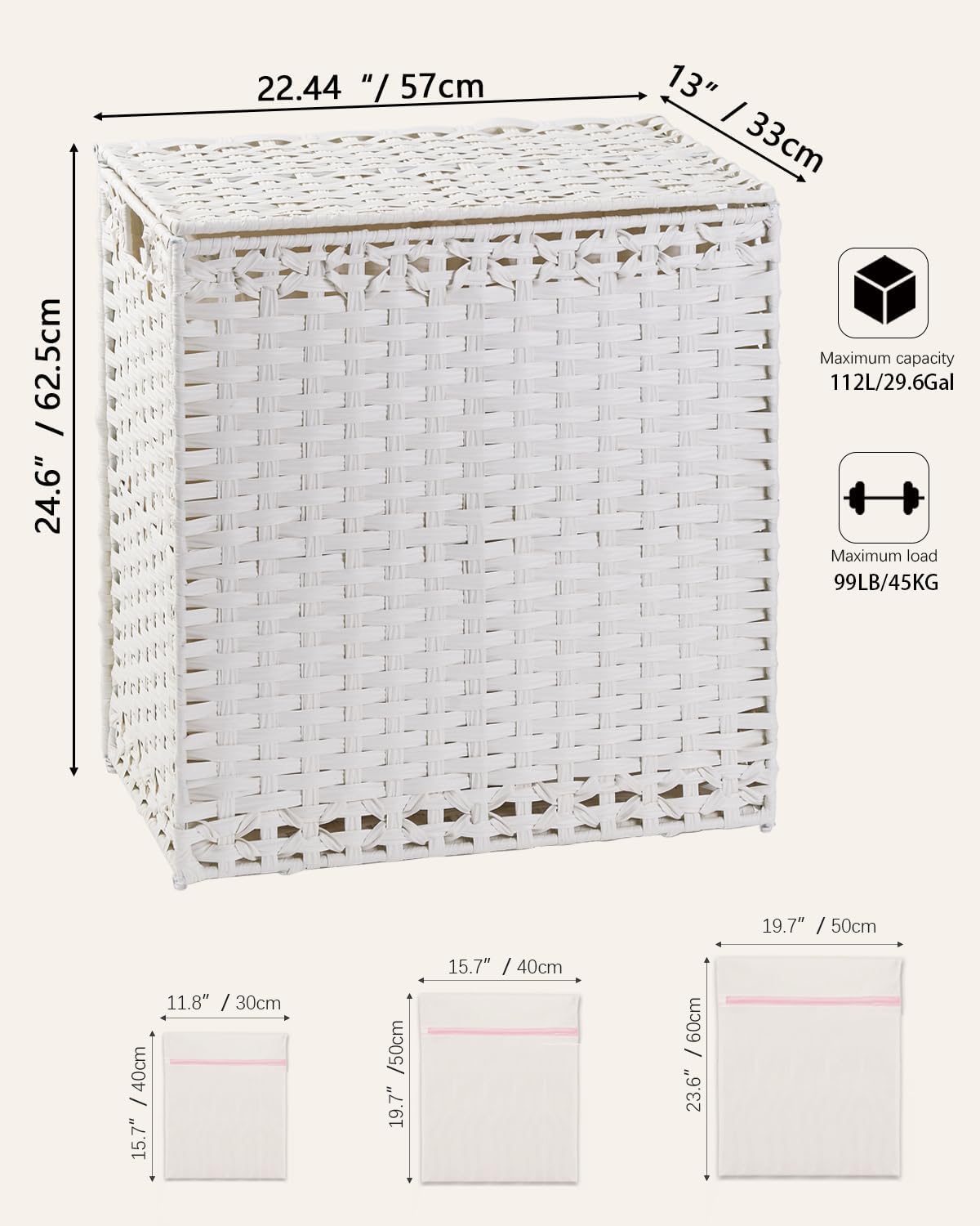 Laundry Hamper with Lid Wicker Laundry Basket 112 L (29.6 Gal) Laundry Hampers Handwoven Rattan Clothes Hamper with Handles 3 Removable Liner Bag, 6 Mesh Bags for Bathroom Bedroom White