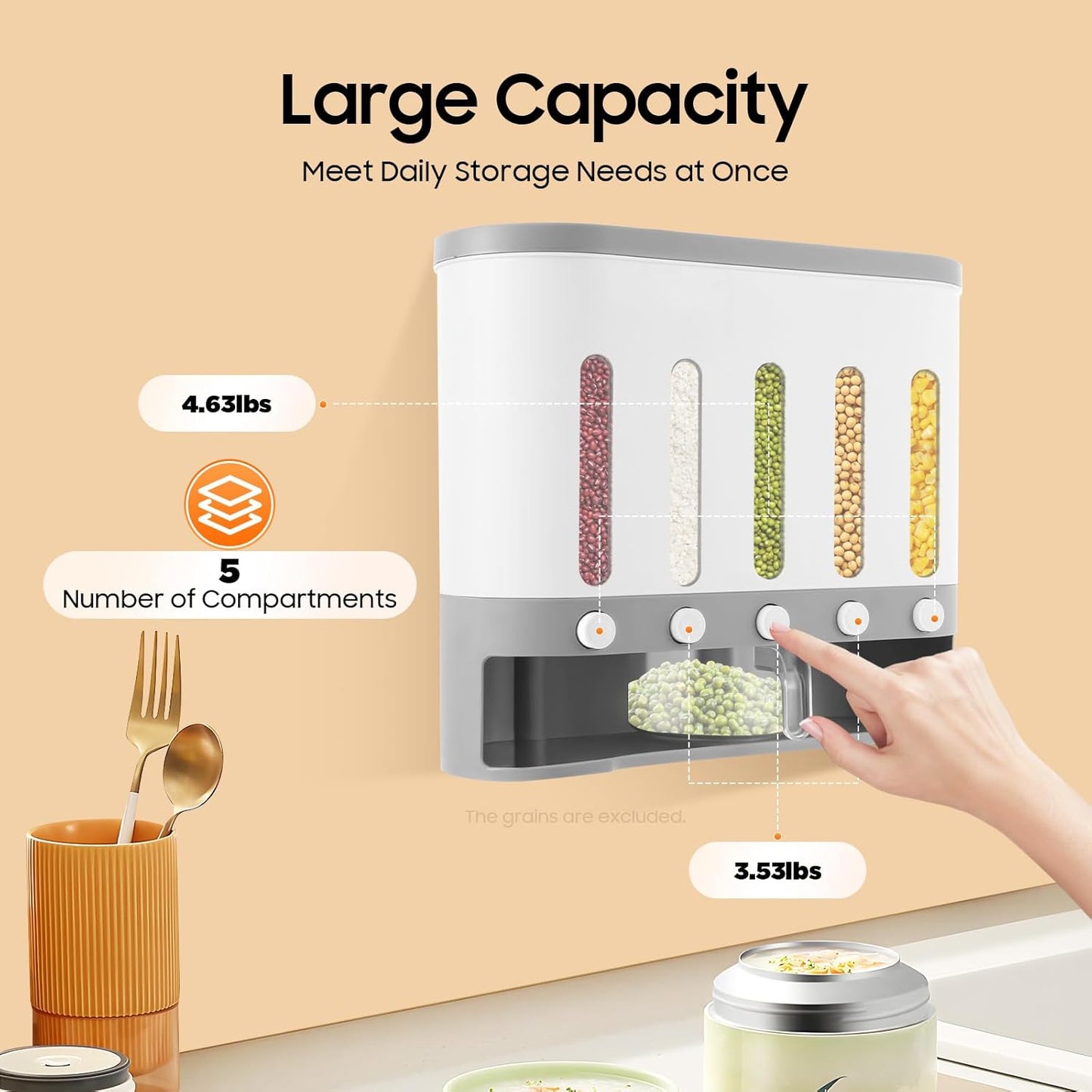 5 Grids Dry Food Dispenser, Wall mounted Rice Storage Dispenser Cereal Dispenser Countertop Kitchen Organization Container 38Lbs Sealed Storage Tank with Measuring Cup for Home Kitchen