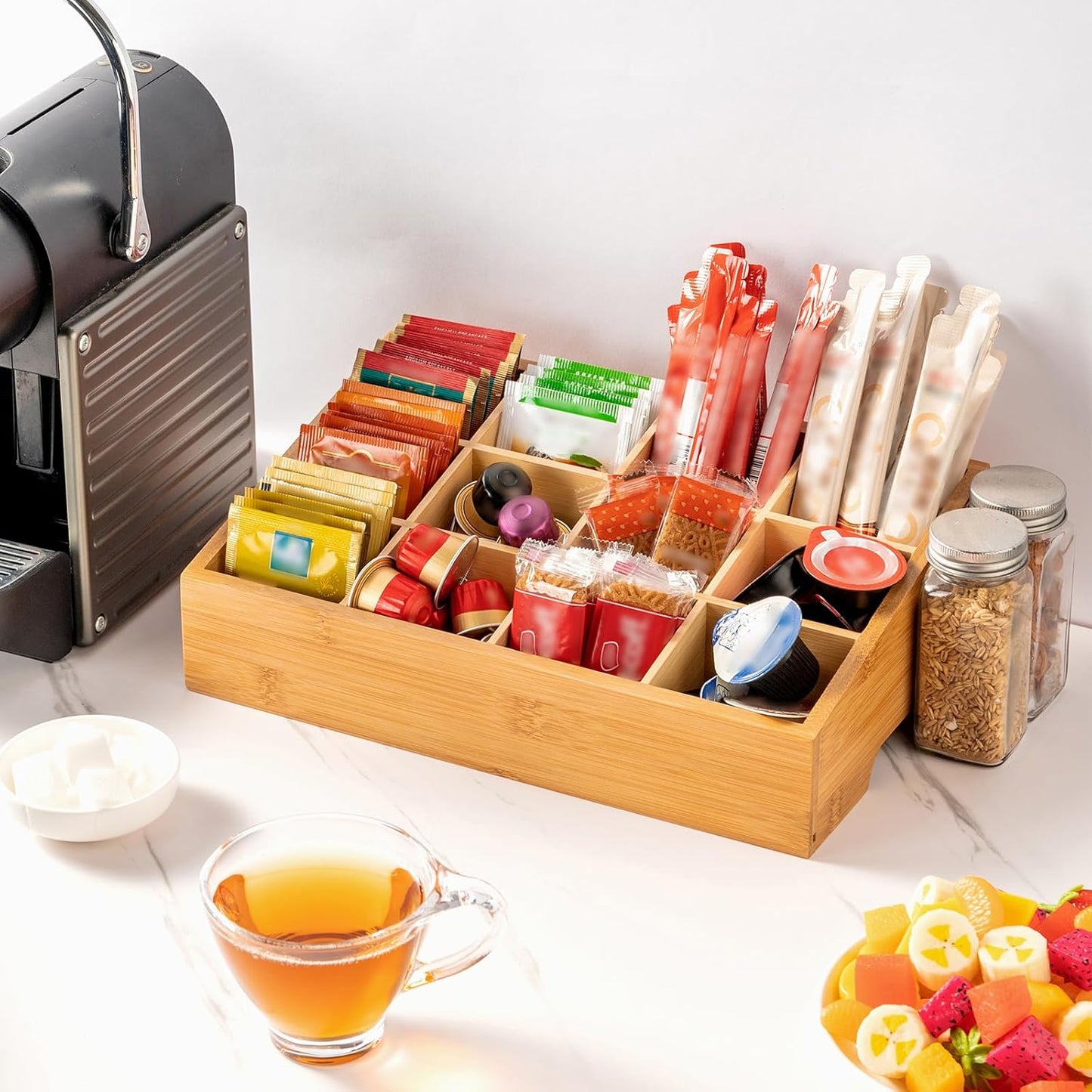 Tea Bag Organizer - Bamboo Tea Storage Organizer With 12 Compartments, 1 Layer Tea Organizer for Tea Bags Natural Bamboo for Countertop Office Kitchen Cabinet Pantry