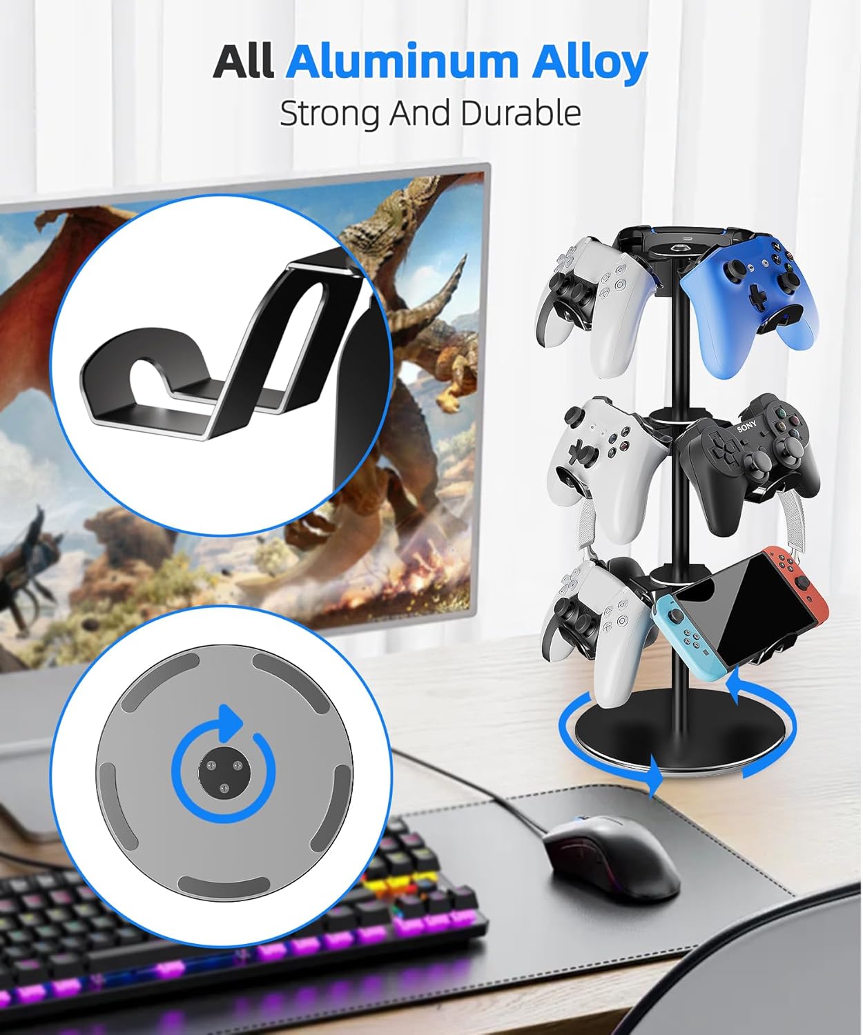 Aluminum Alloy Controller Holder 3 Layers,360 Degree Rotation Tier,Gaming Controller Stand for Xbox PS5 PS4 Switch,Headphone Stand,Headset Holder & Desk Mounts for 9 Packs Controller