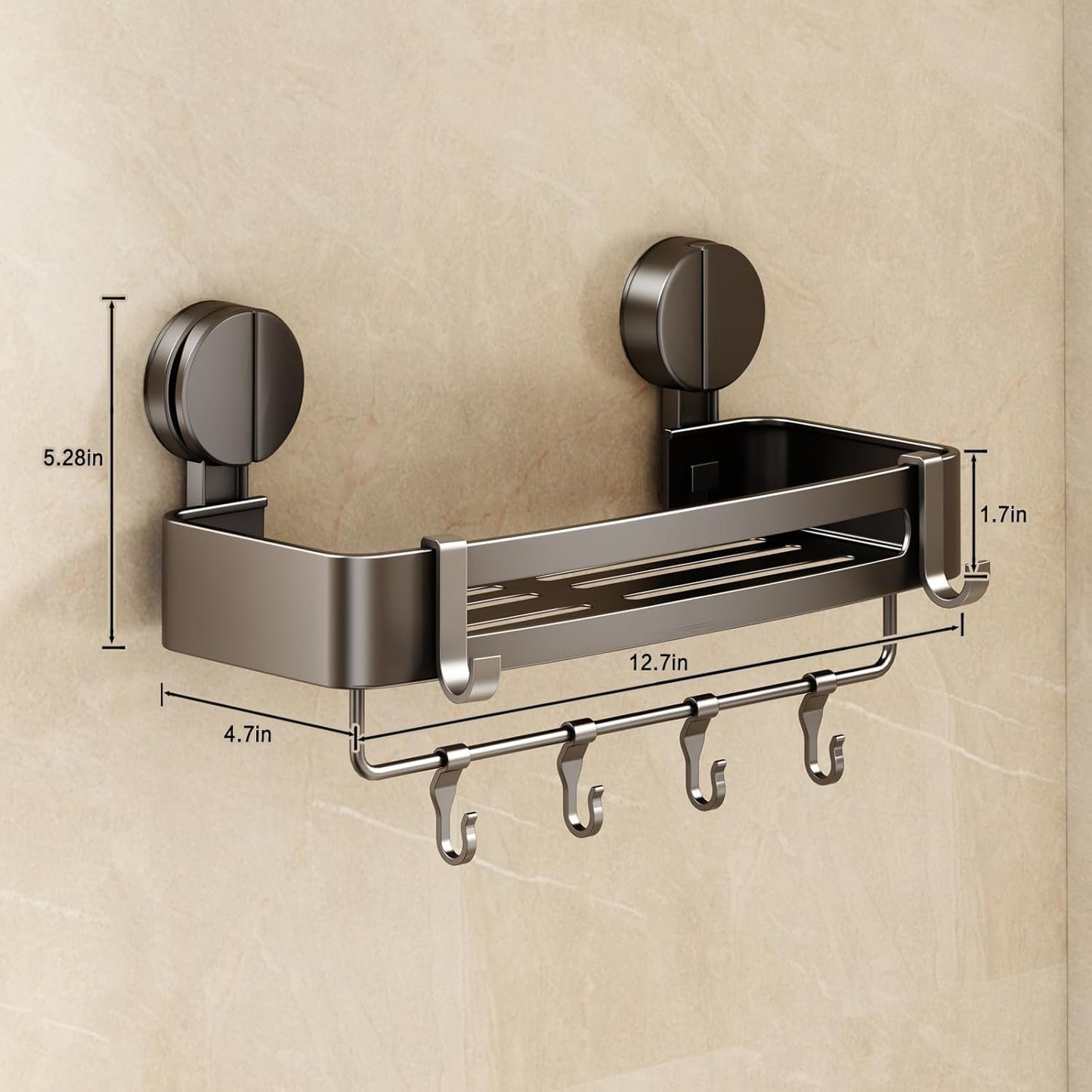 VOLPONE Shower Caddy Suction Cup, 2 Pack Corner Shower Shelves No Drilling, Showers Organizer Storage with Towel Bar & Removable Hooks, Bathroom Shower Shelf Rack for Inside Showers, Square