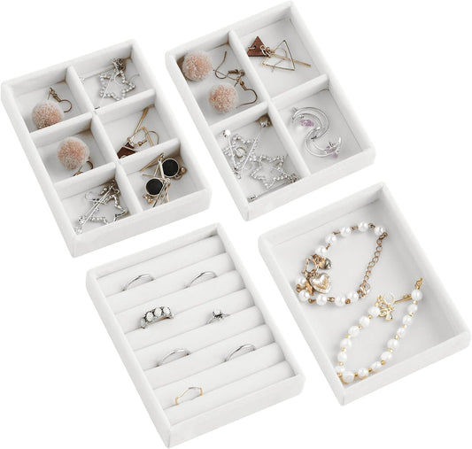 Frebeauty Small Jewelry Tray Set,Stackable Velvet Jewelry Organizer Tray,Mini Jewelry Drawer Organizer,Drawer Inserts,4.92 x 3.74 x 0.9 Inches,Earring Organizer for Women(Set 4,White)